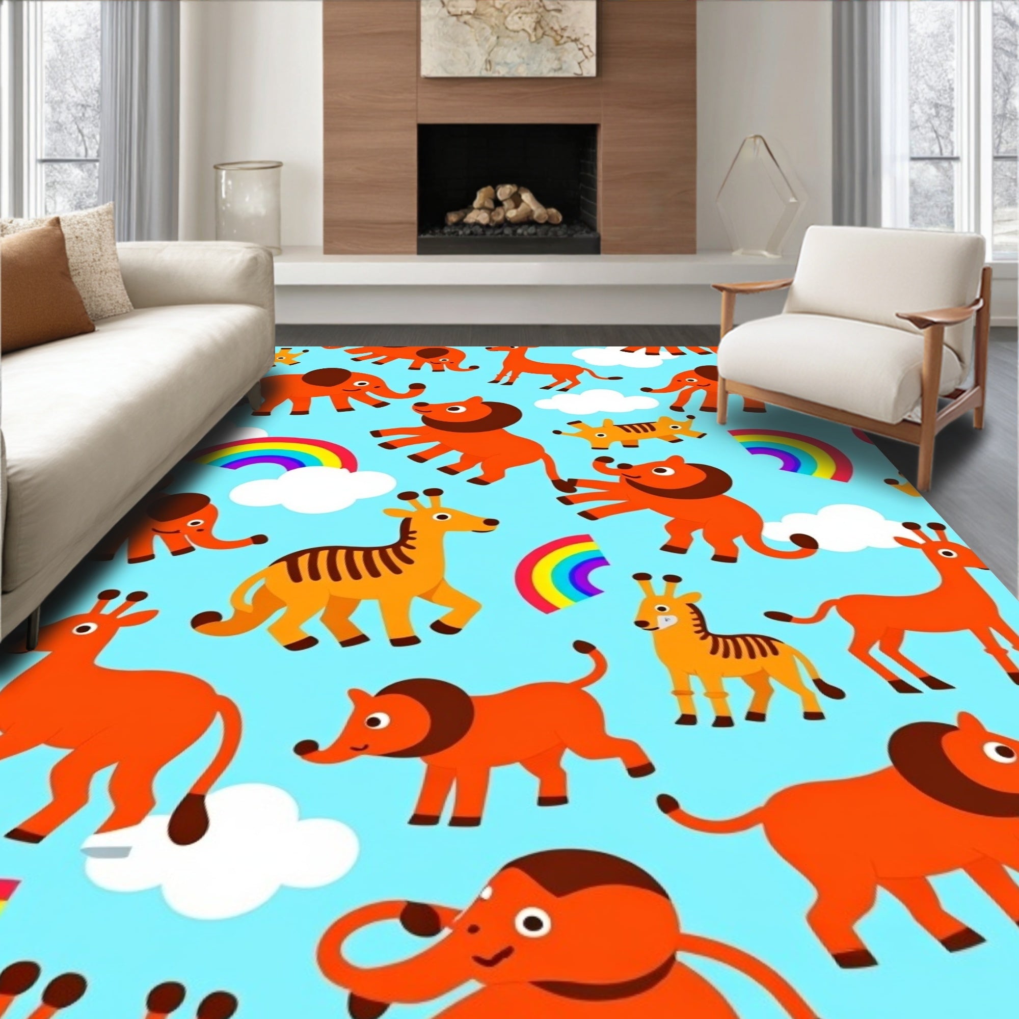 Cute Orange Animal Rainbow Sky Rug