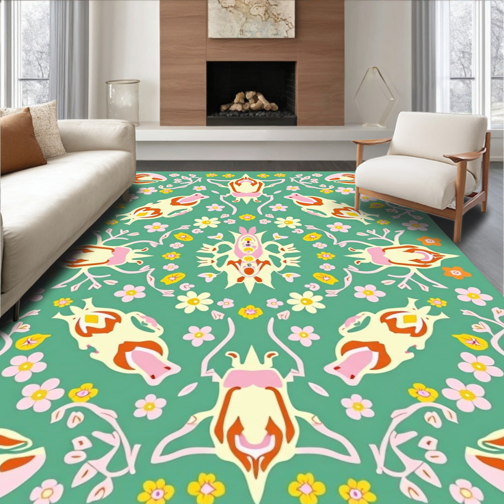 Whimsical Floral Bugs Green Rug