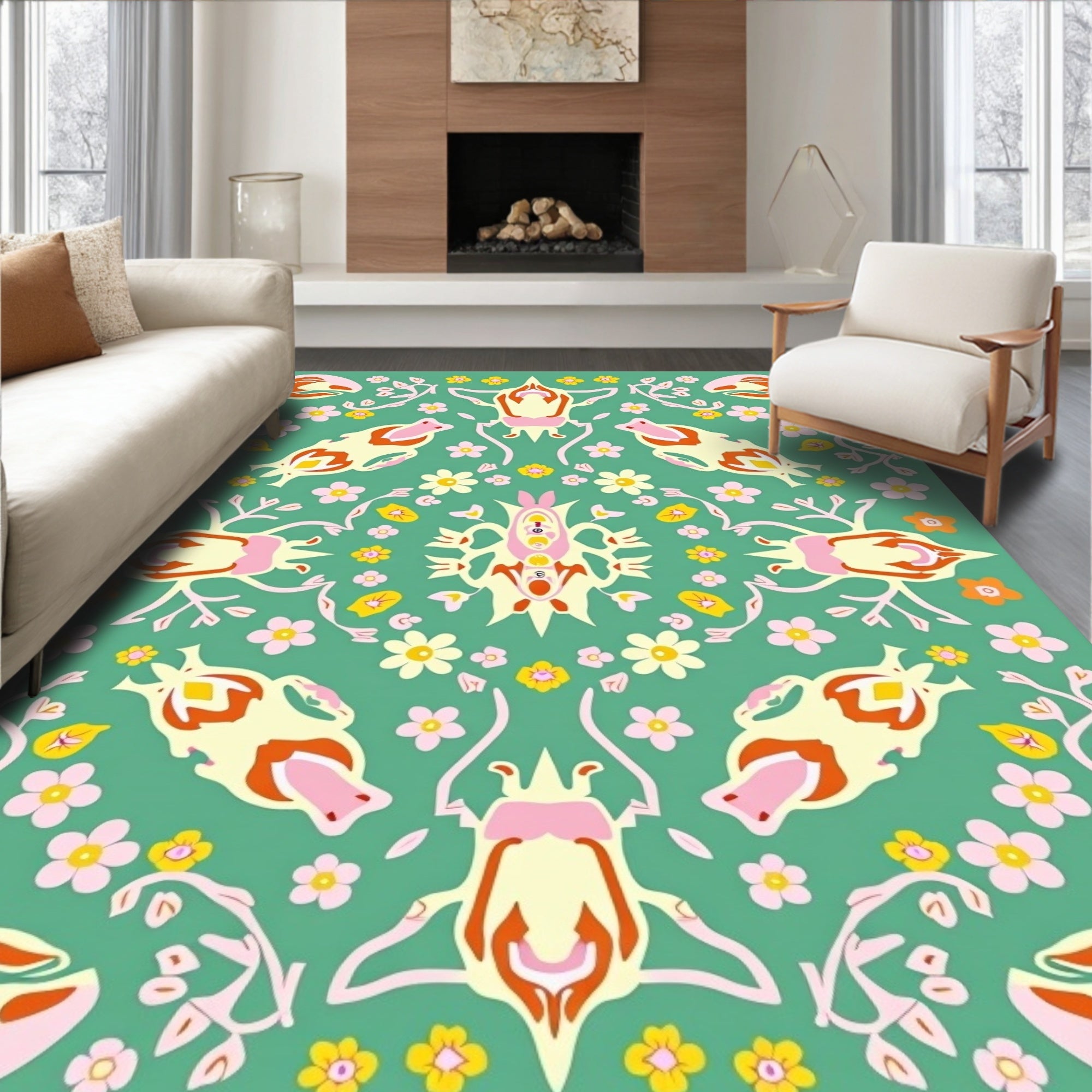 Whimsical Floral Bugs Green Rug
