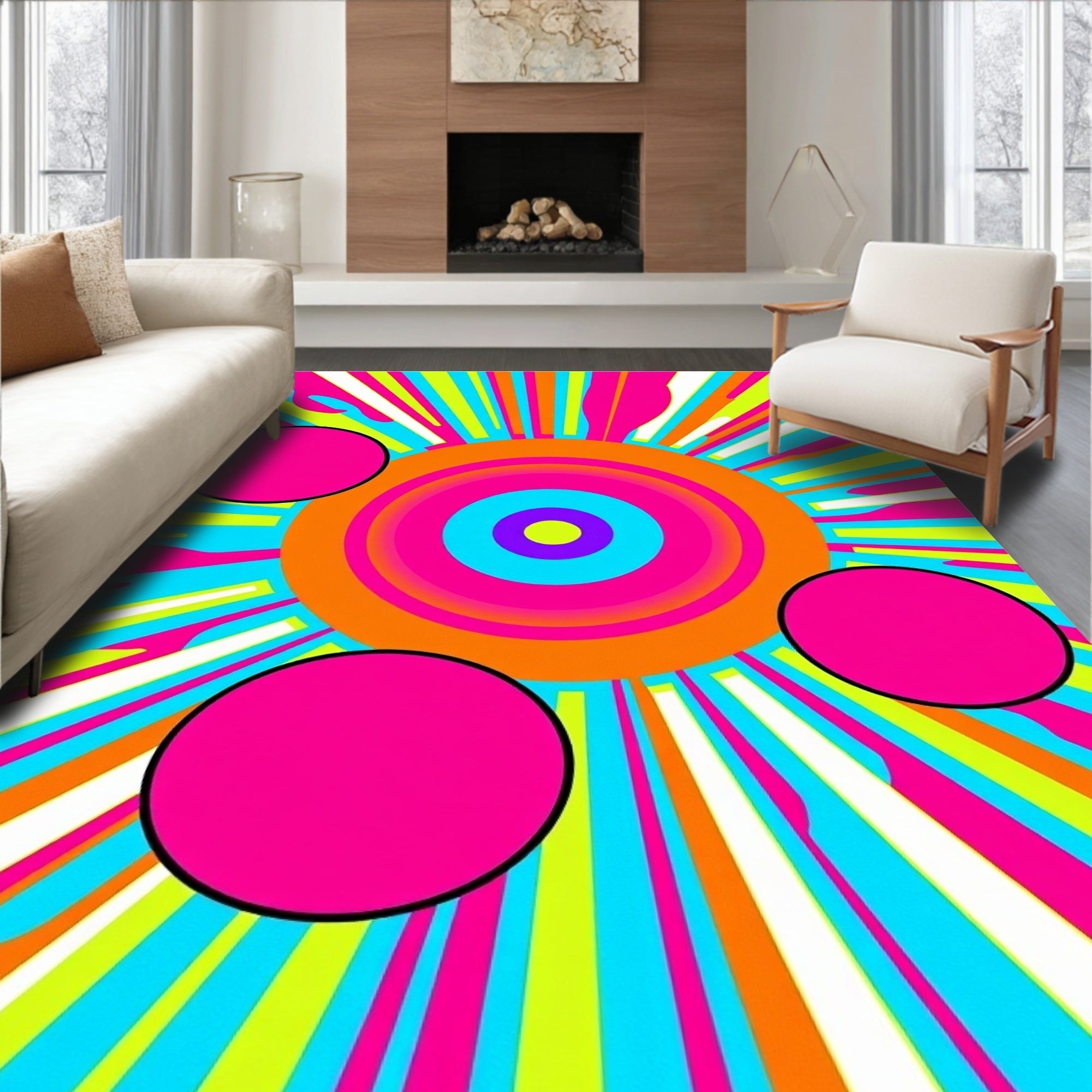 Bold Neon Sunburst Circles Rug