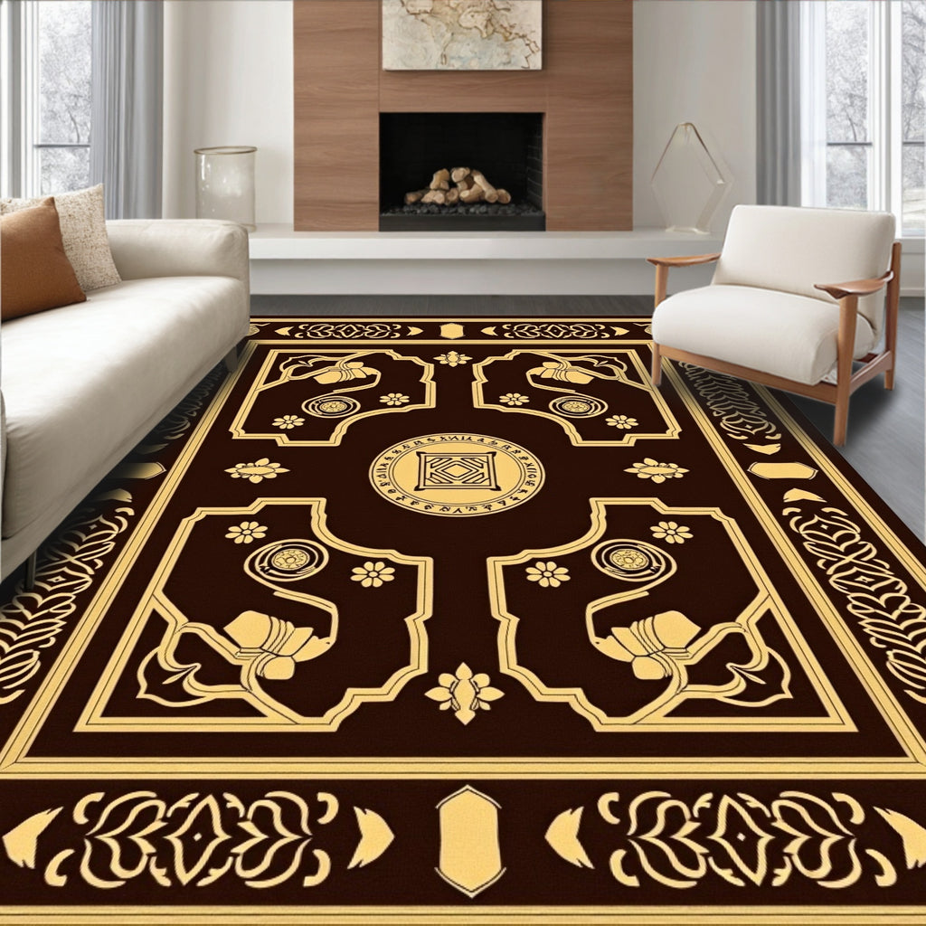 Antique Brown Golden Floral Border Rug