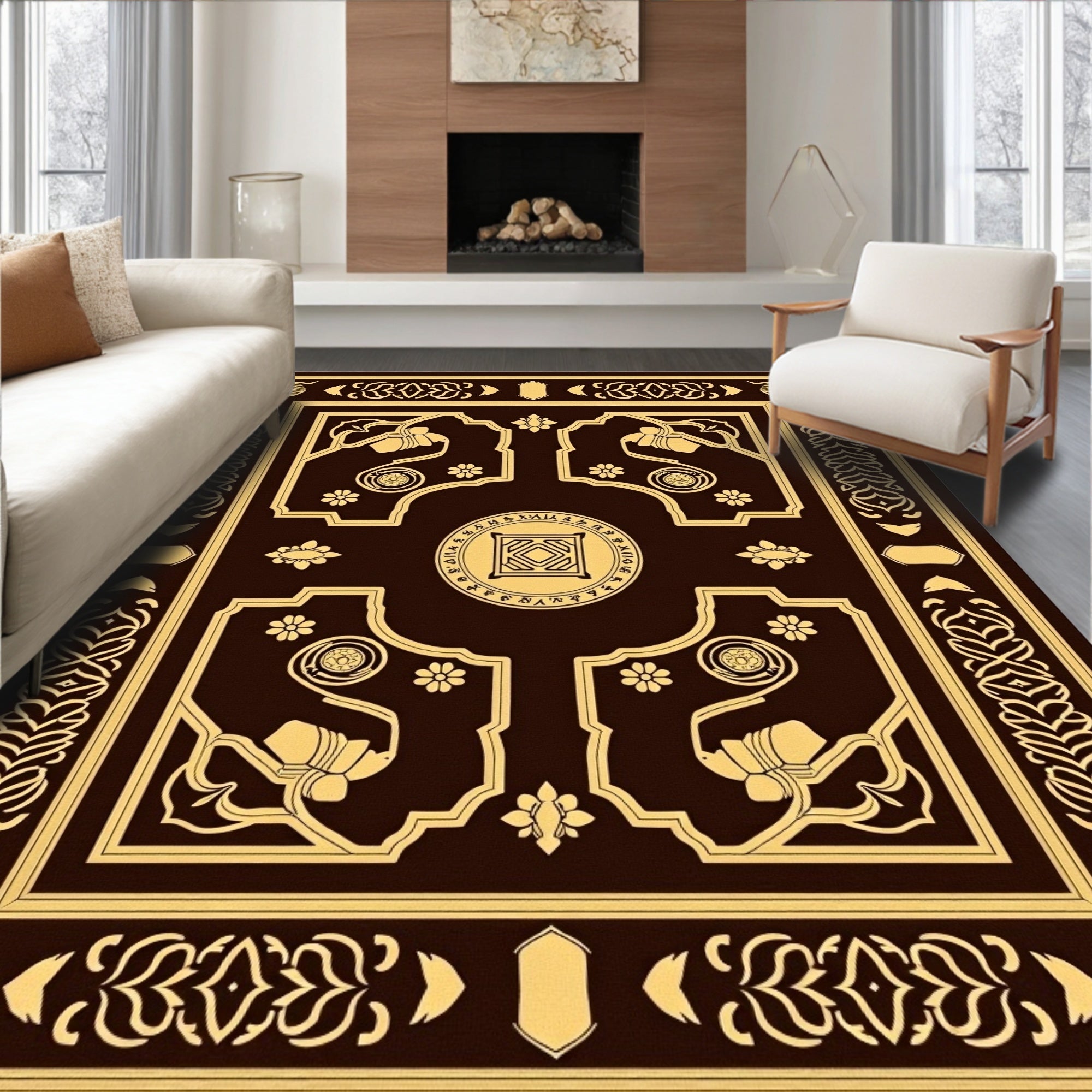 Antique Brown Golden Floral Border Rug