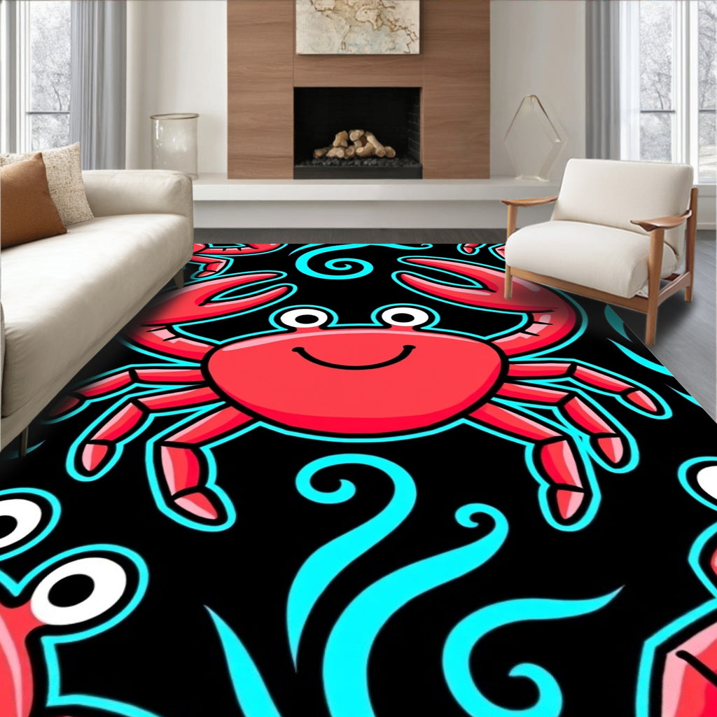 Cute Red Crab Swirls On Black Rug