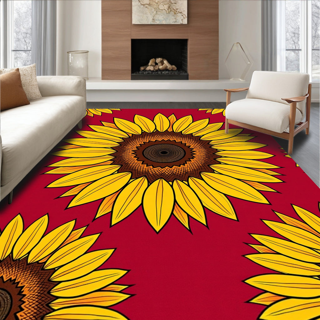 Golden Sunflower Medallion Red Background Rug