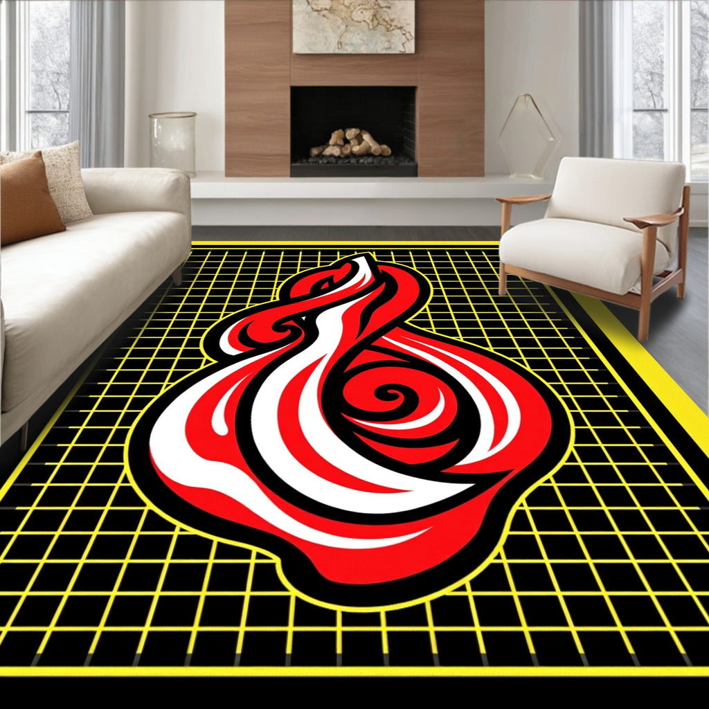 Bold Red White Swirl on Grid Rug