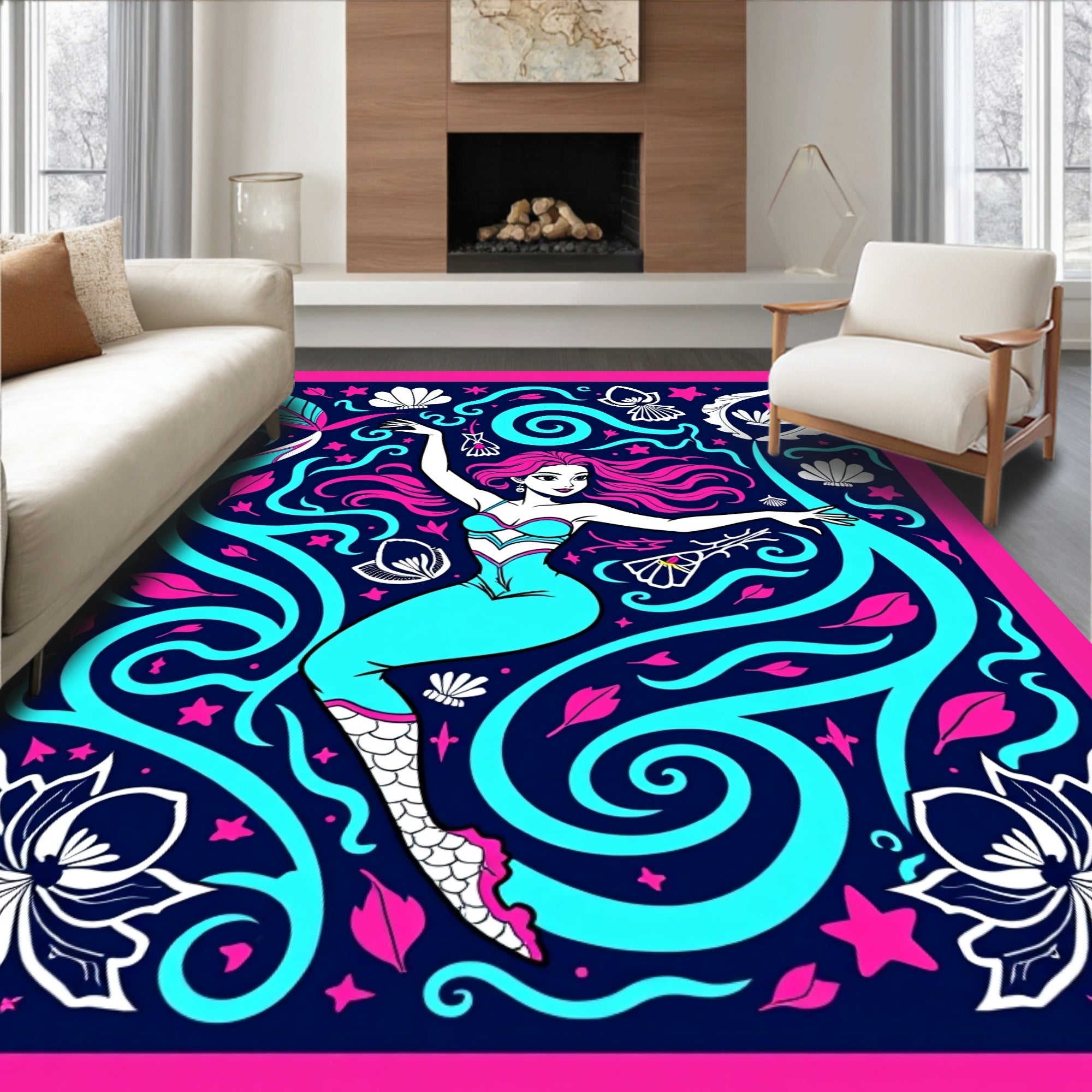 Neon Mermaid Aquatic Swirl Rug
