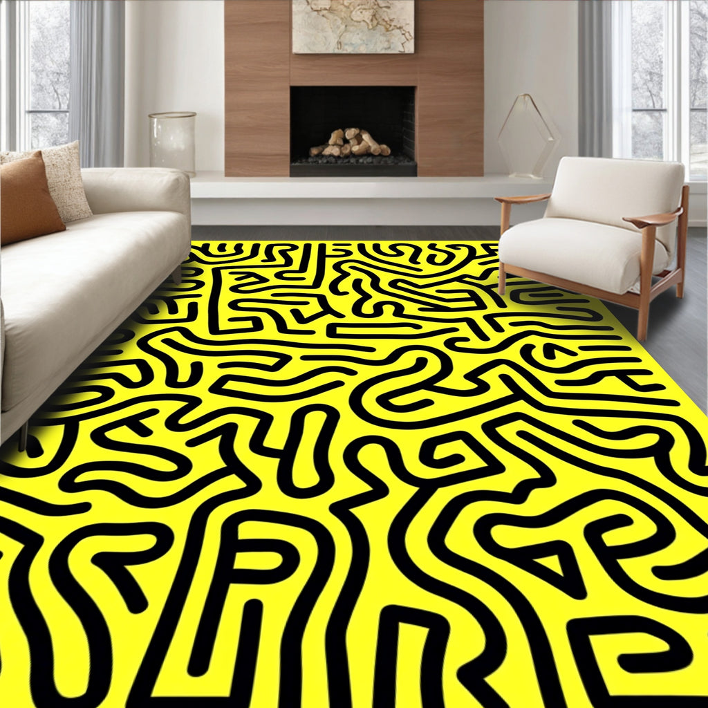 Bold Black Abstract Maze Yellow Rug