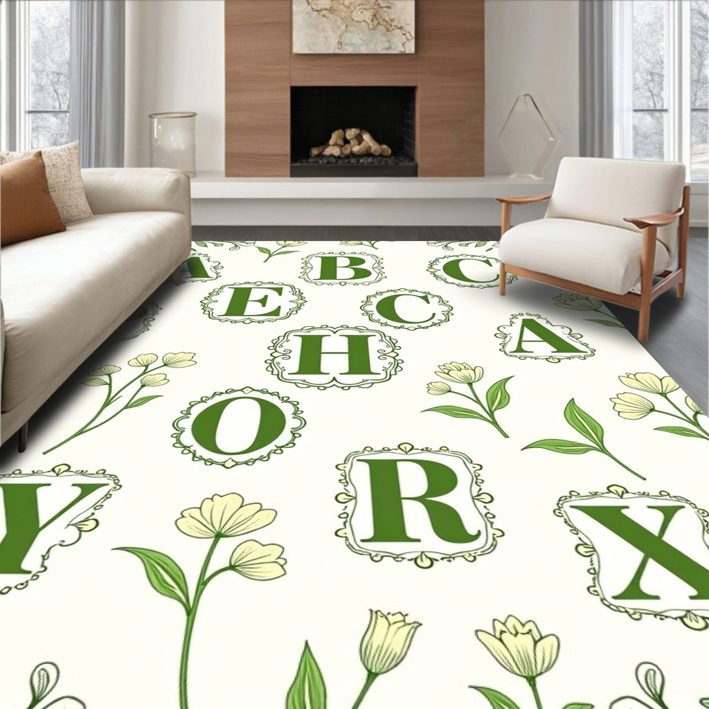 Vintage Green Floral Alphabet Letters Rug