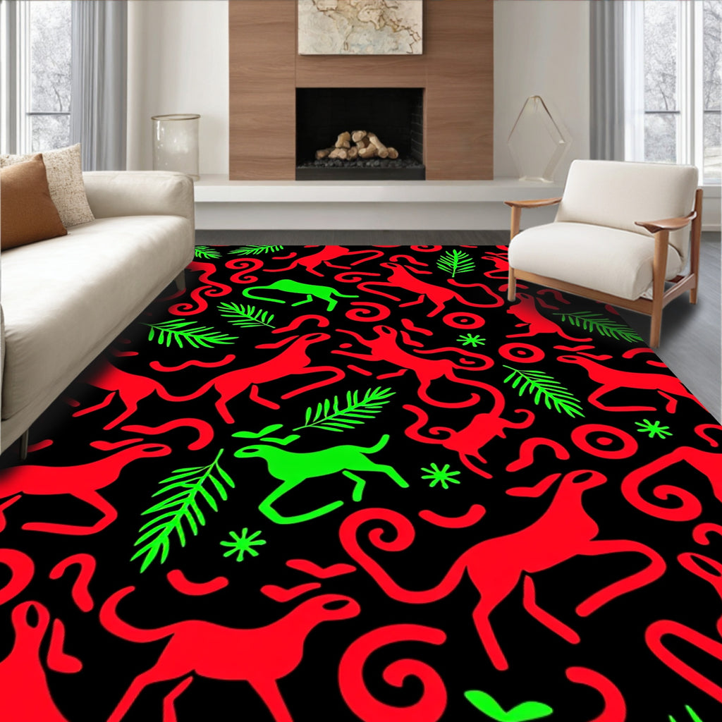 Vibrant Red Green Animal Swirls Rug