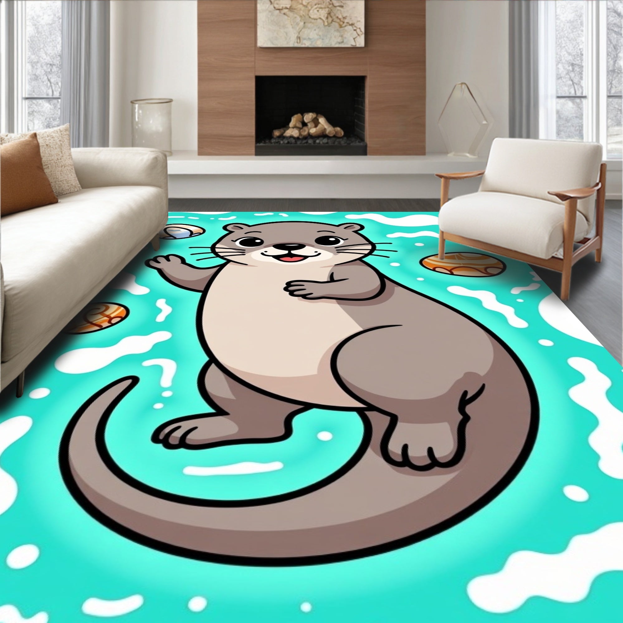 Cute Otter With Seashells And Waves Rug