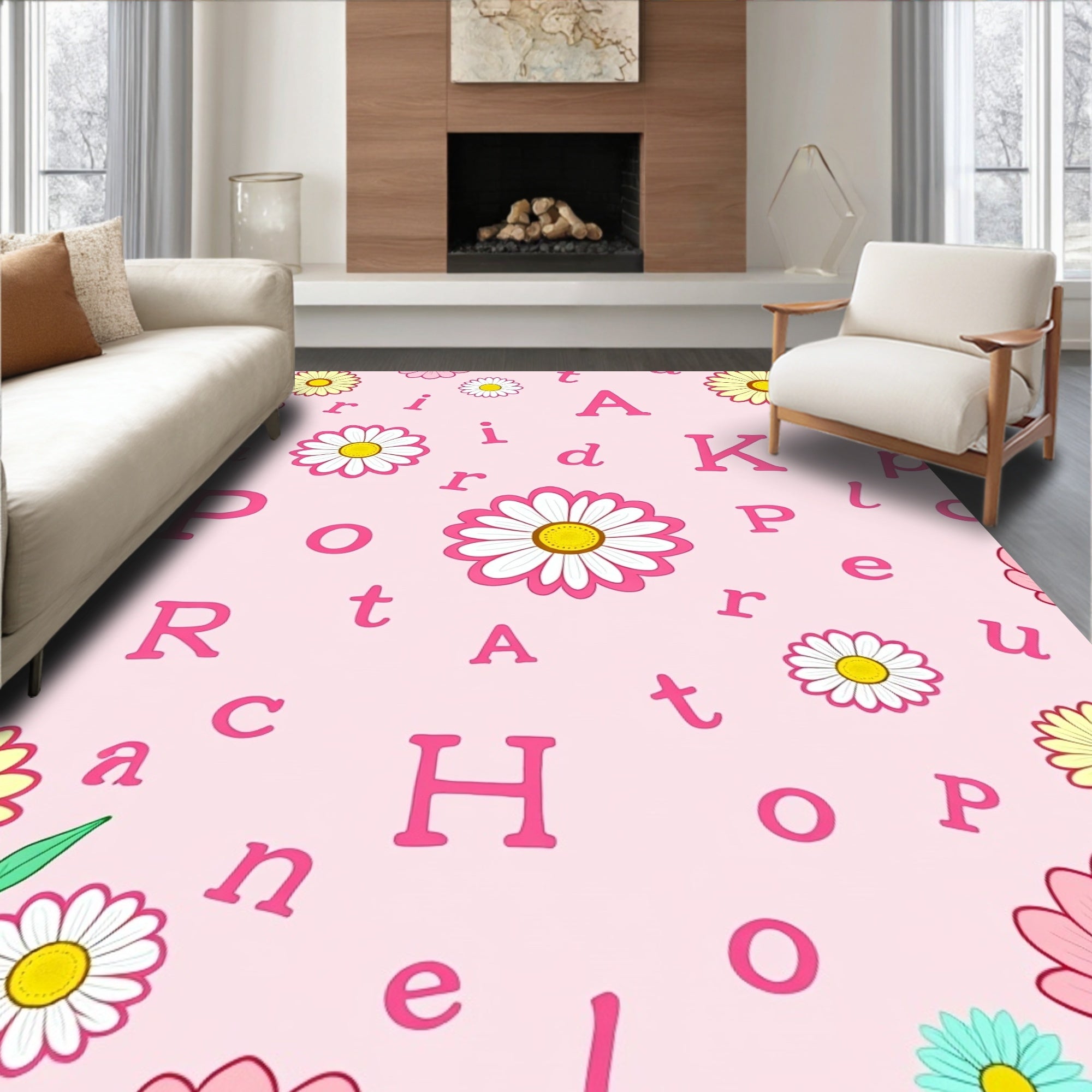 Pink Floral Letters Scattered Rug