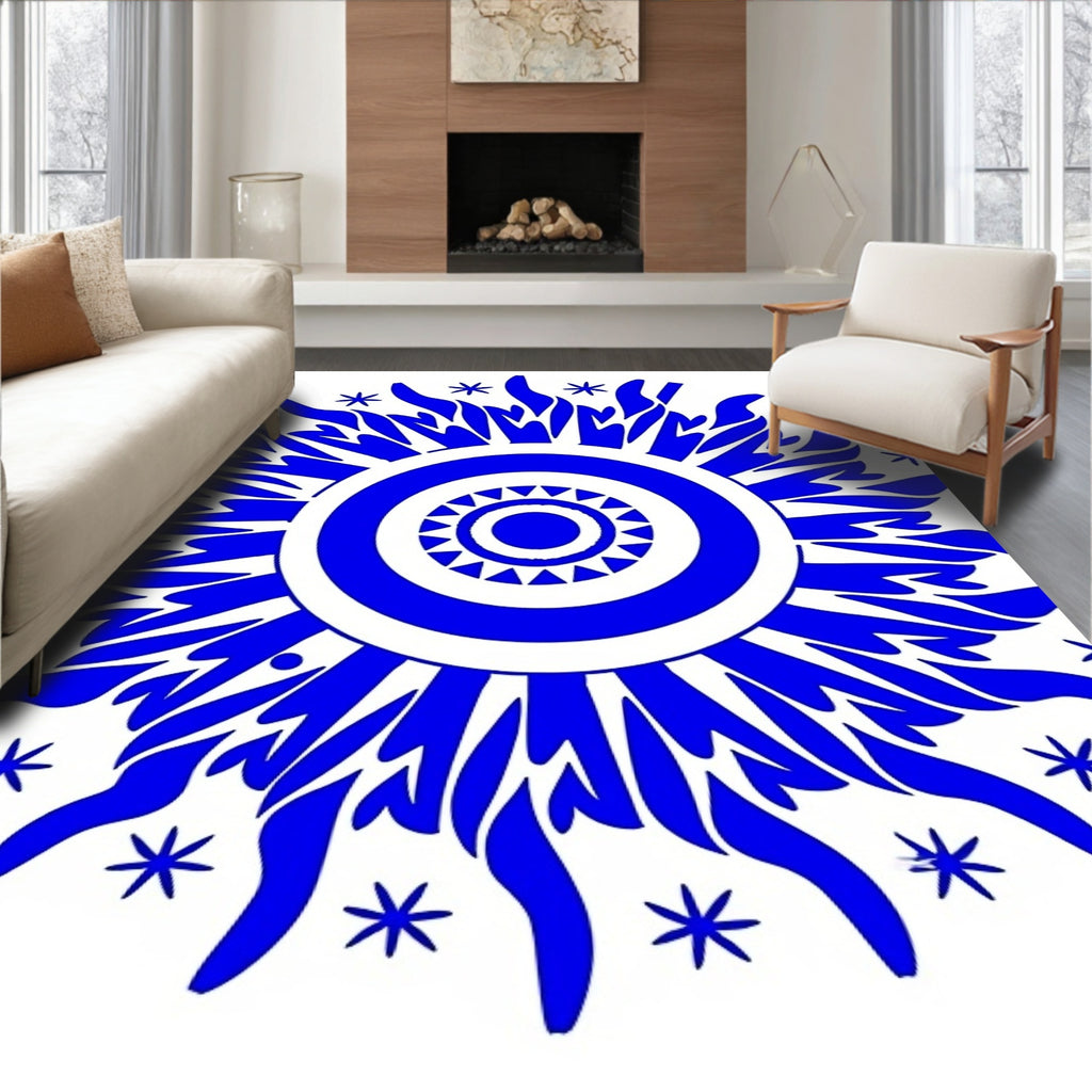 Vibrant Blue Sunburst Mandala Rug