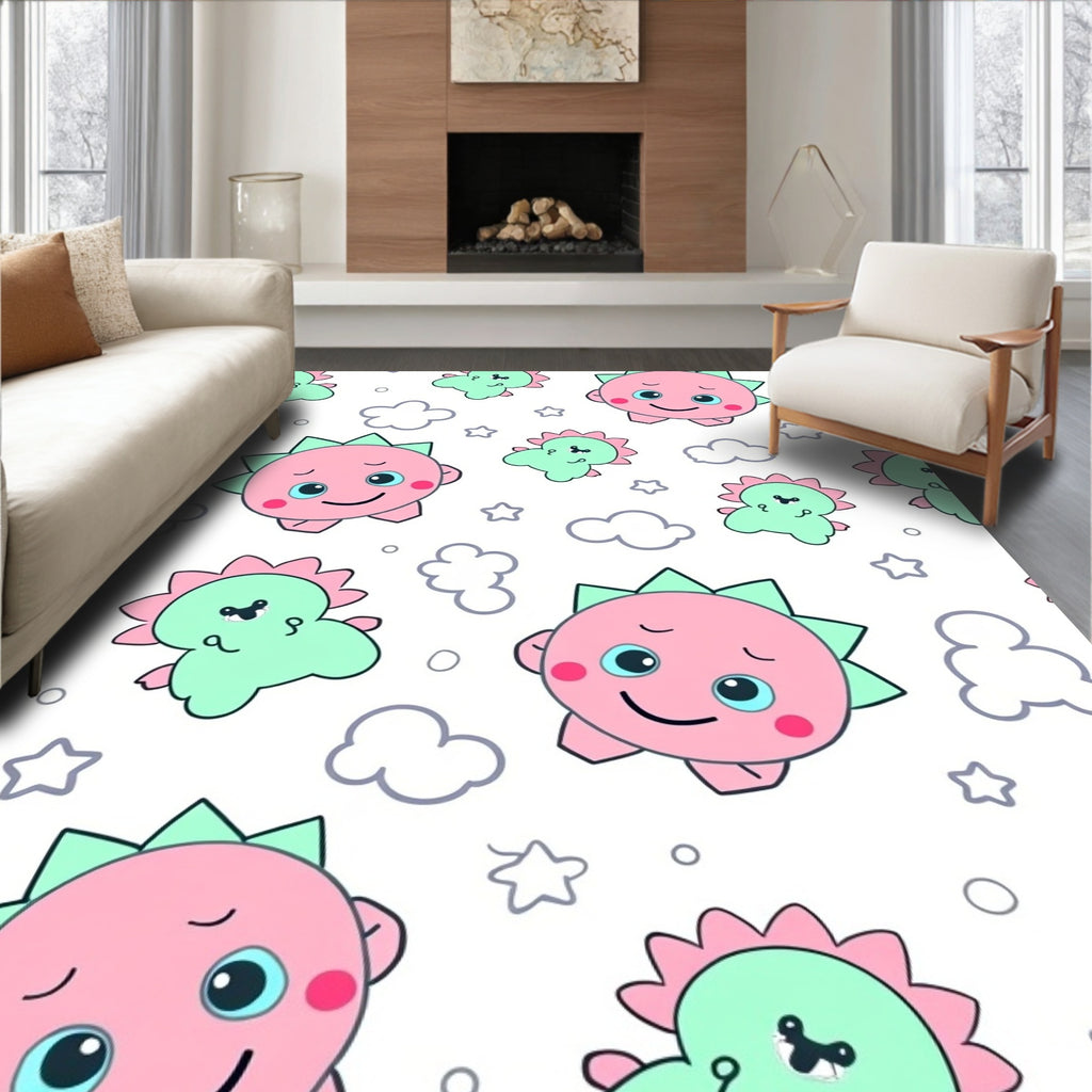 Cute Pink Green Dinosaur Clouds Stars Rug