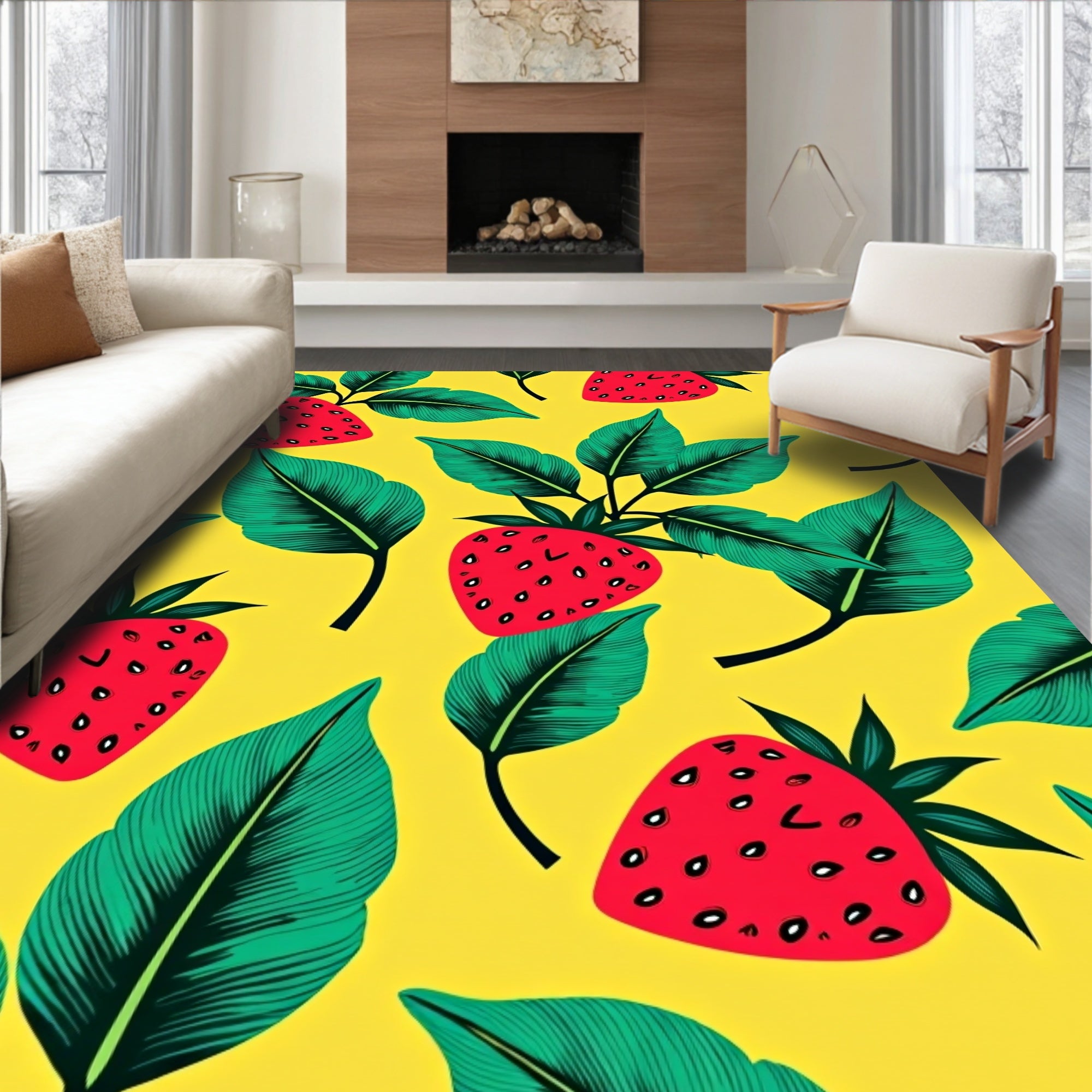 Vibrant Red Strawberry Tropical Foliage Rug