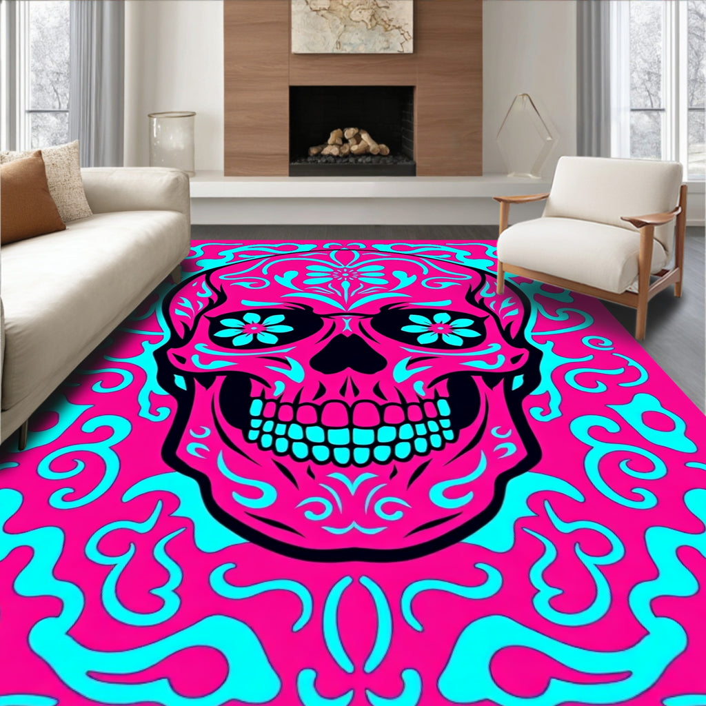 Vibrant Pink Cyan Skull Foliage Rug