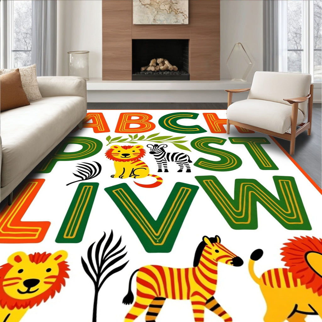 Jungle Alphabet Lion Zebra Collage Rug
