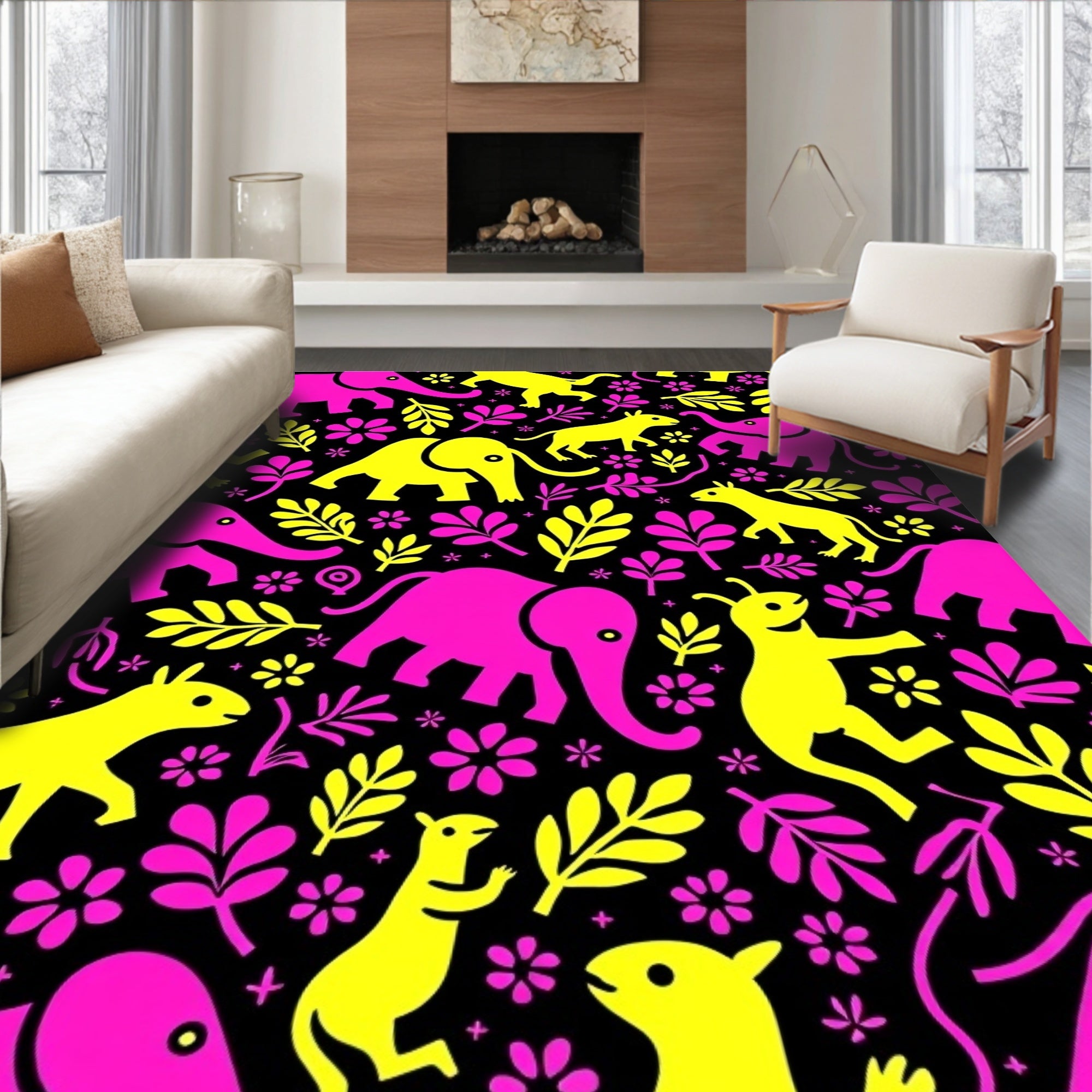 Pink Yellow Elephant Floral Zoo Rug