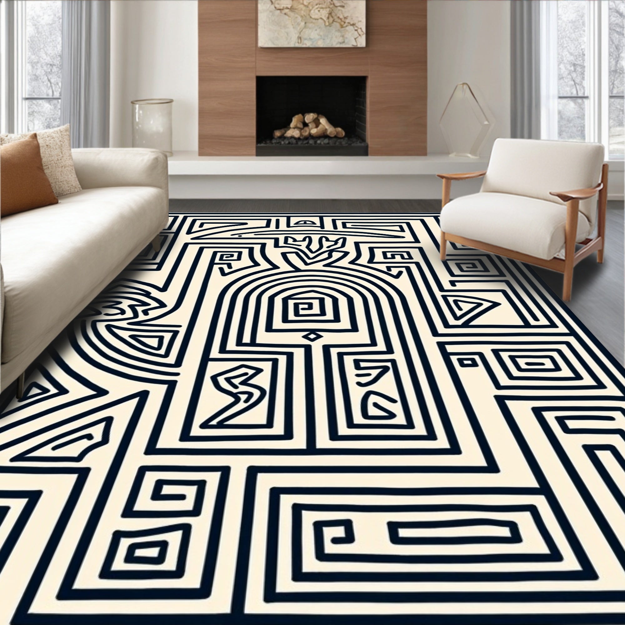 Abstract Black Ivory Maze Artwork Rug