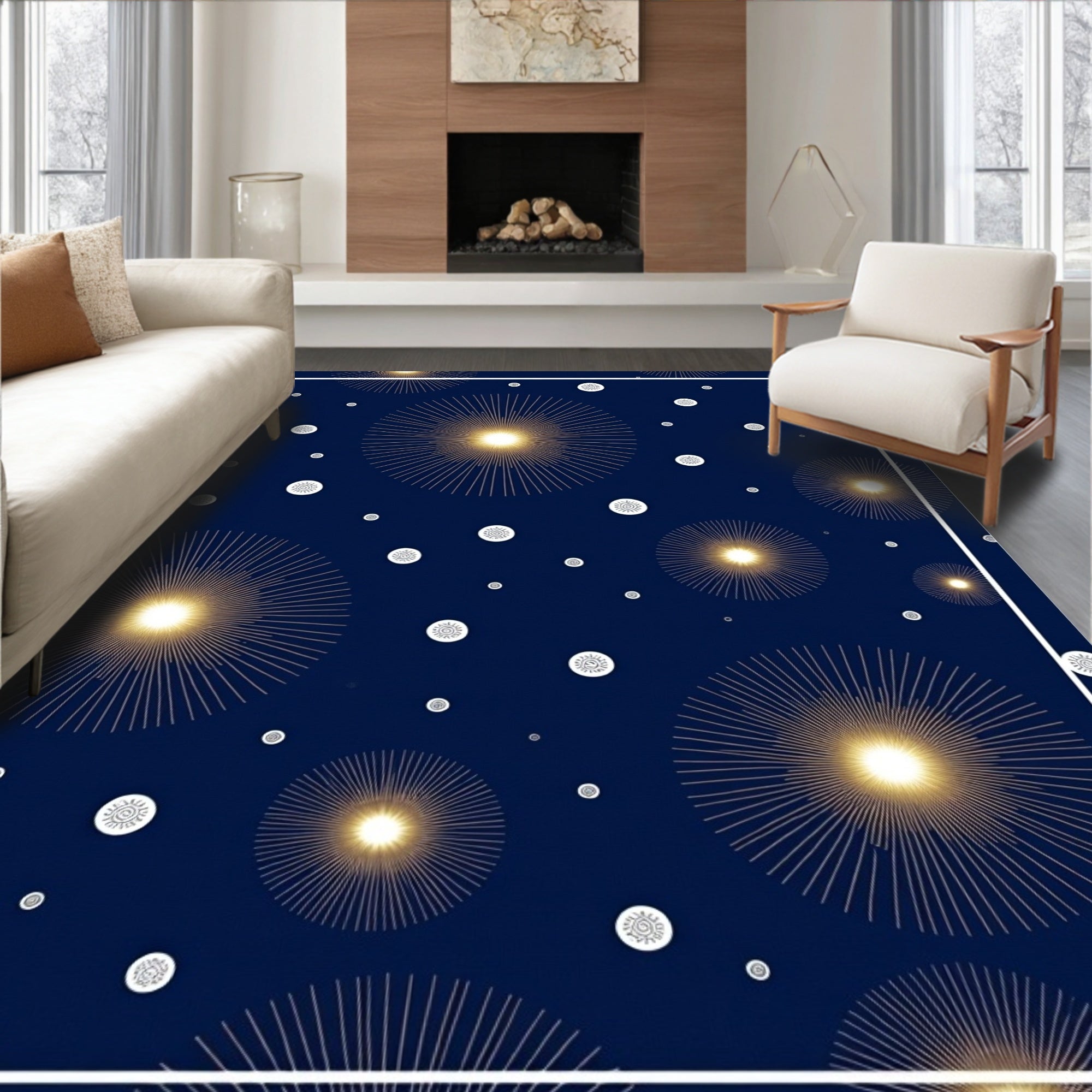 Navy Golden Starburst Sunburst Rug
