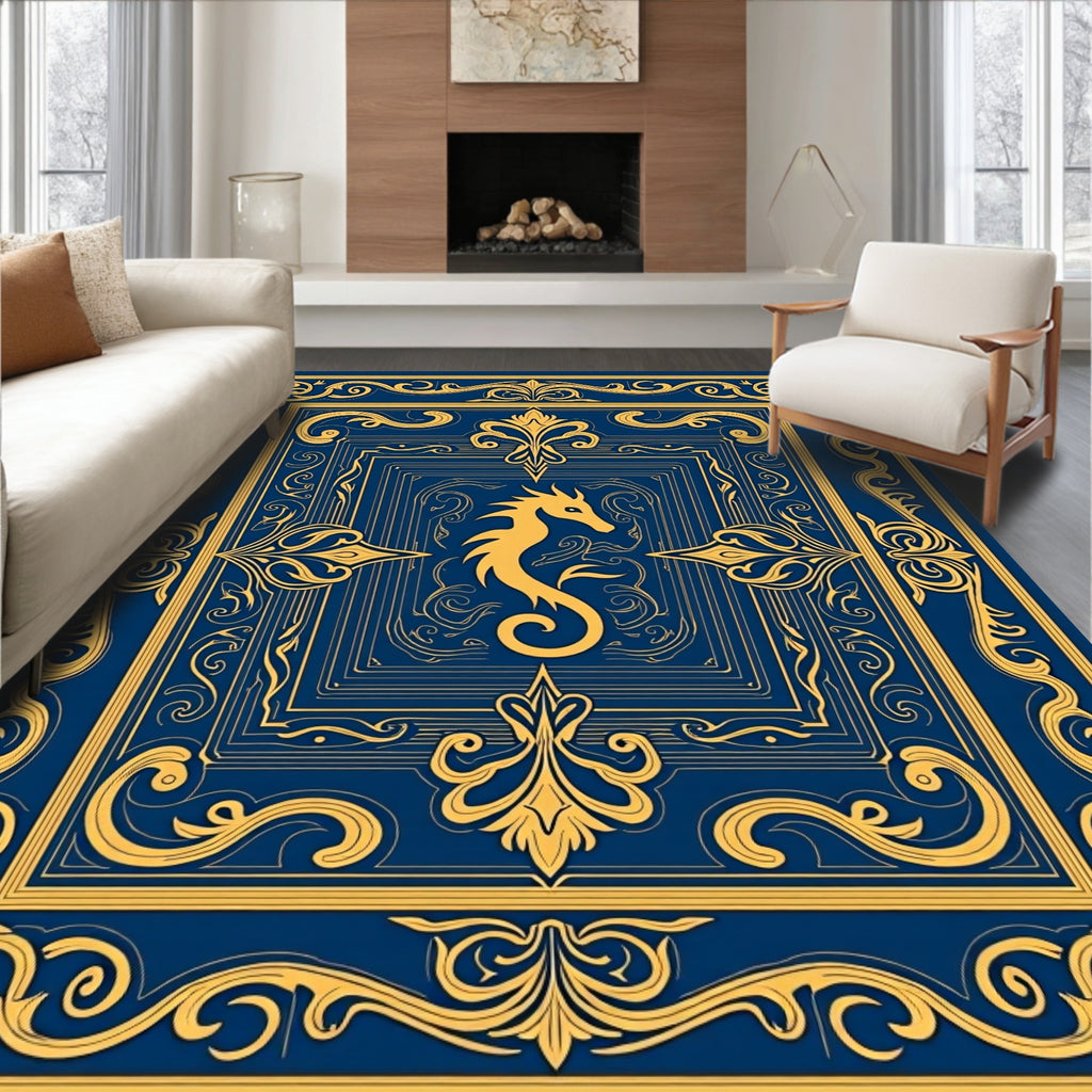 Ornate Blue and Gold Seahorse Frame Rug