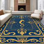 Ornate Blue and Gold Seahorse Frame Rug