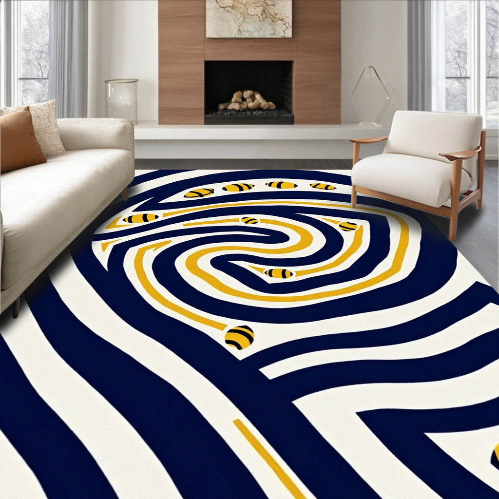 Navy Yellow Swirling Bee Stripe Rug