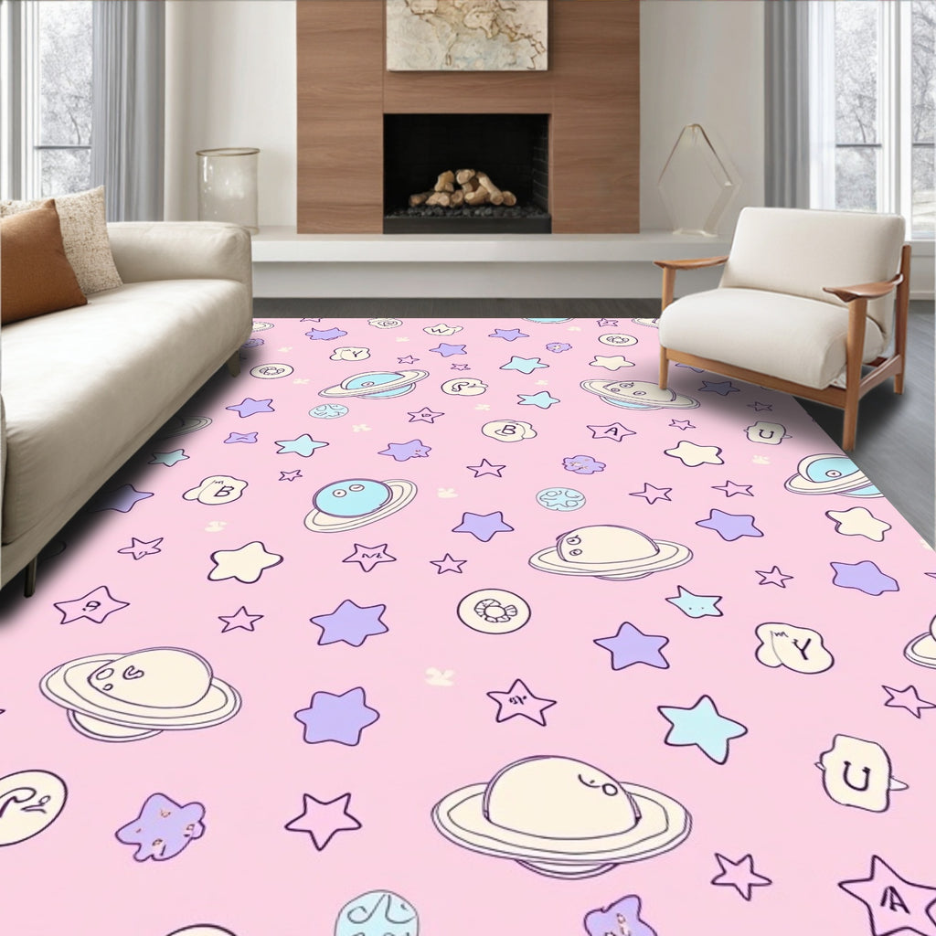 Pink Space Stars and Planets Rug