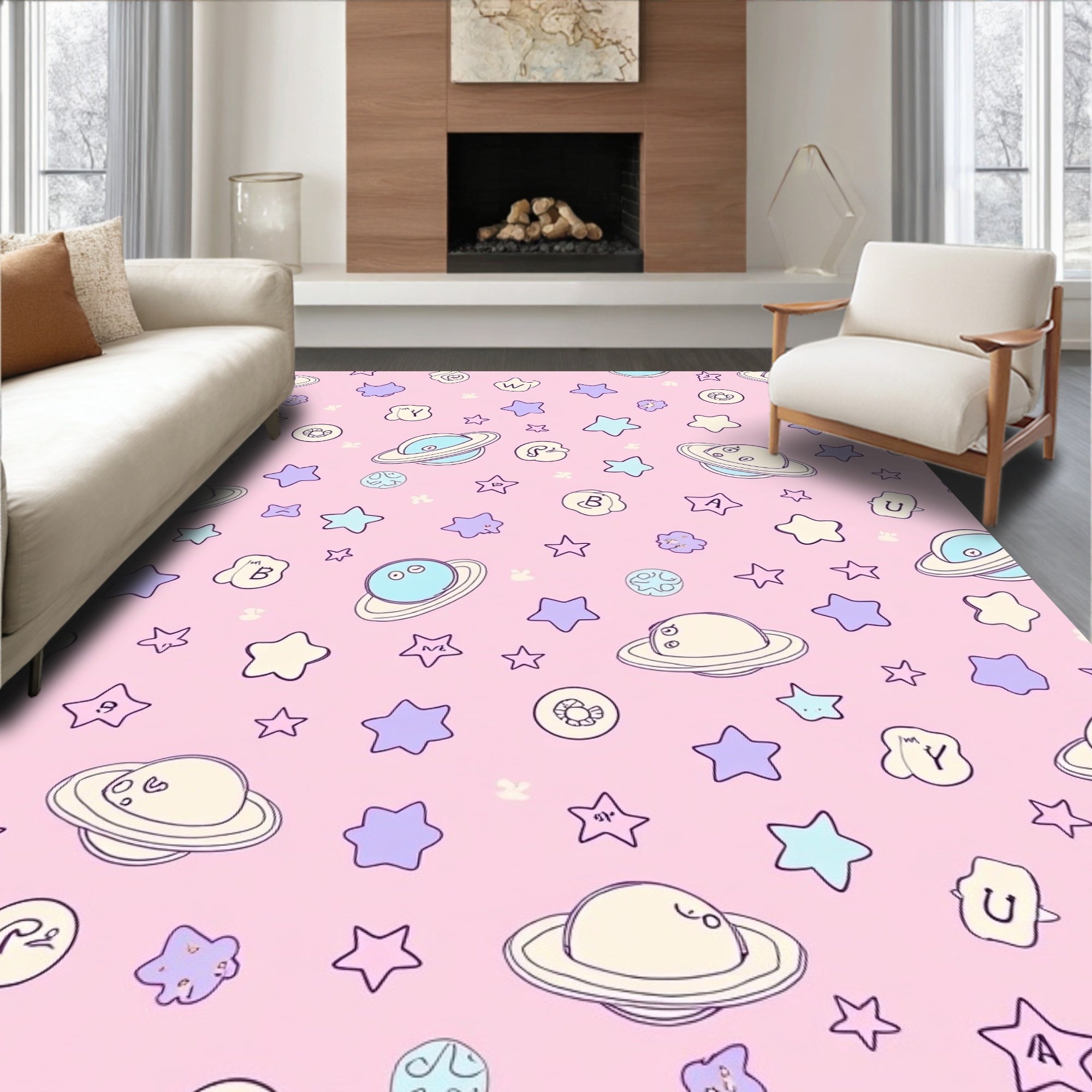 Pink Space Stars and Planets Rug