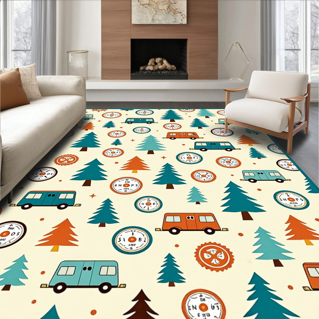 Whimsical Camper Trees Compass Cream Rug
