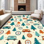 Whimsical Camper Trees Compass Cream Rug