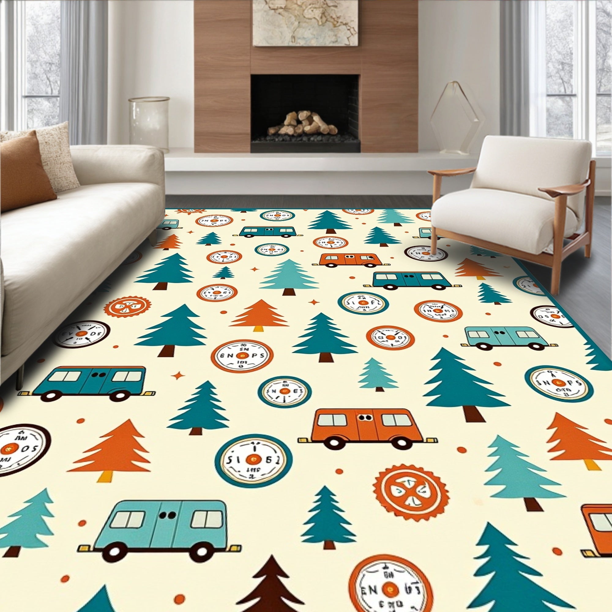 Whimsical Camper Trees Compass Cream Rug