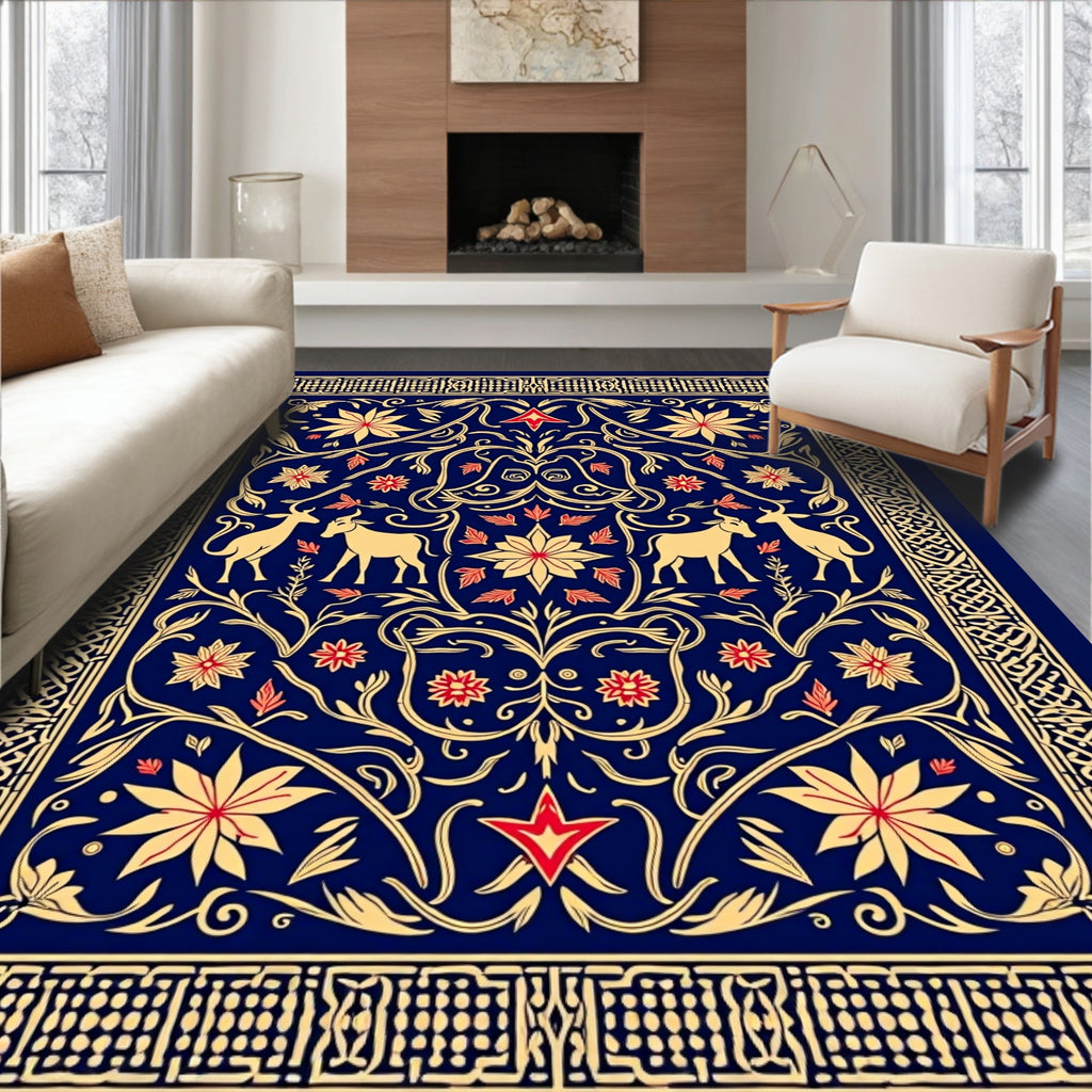 Deep Blue Golden Floral Animal Scroll Rug