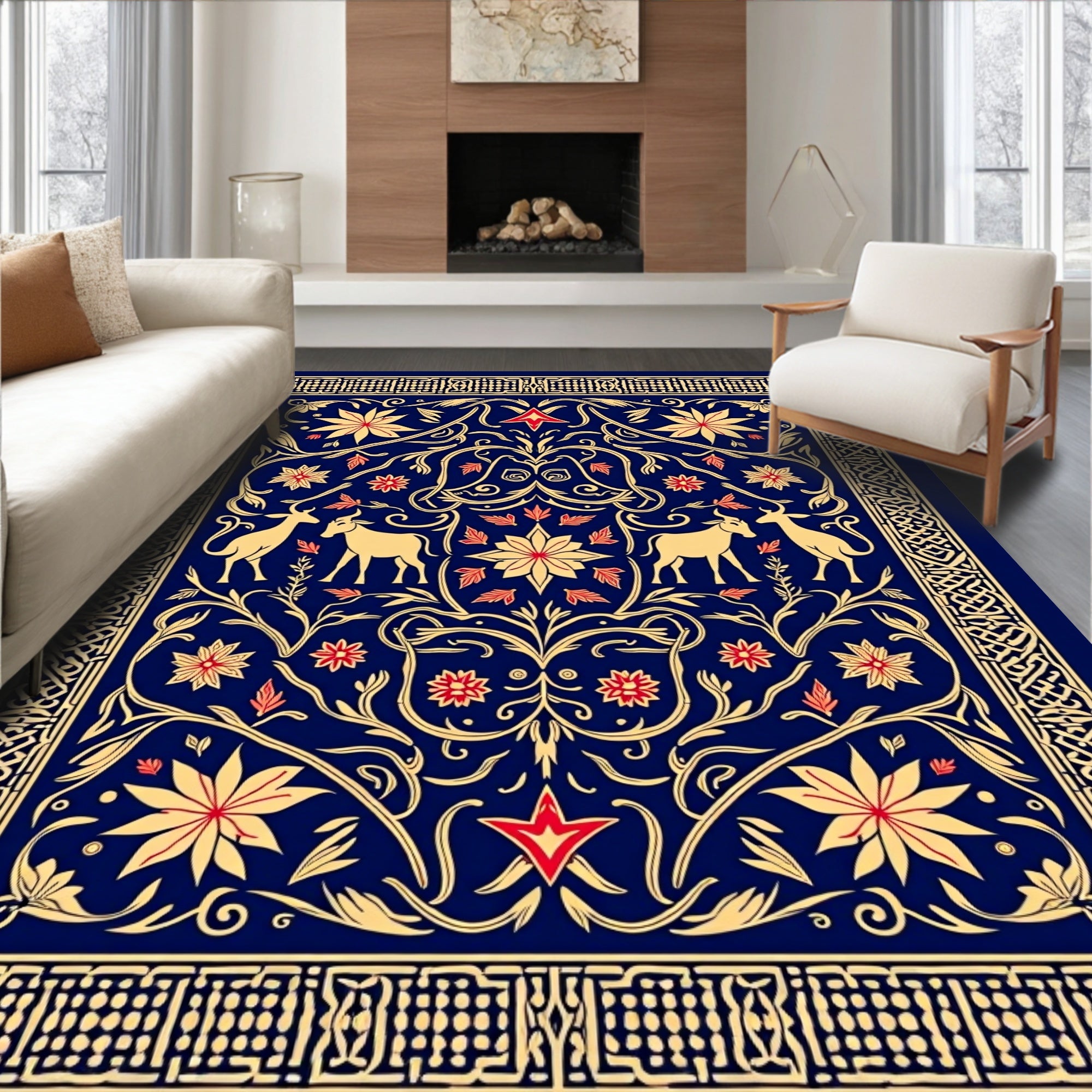 Deep Blue Golden Floral Animal Scroll Rug