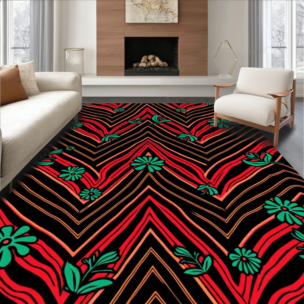 Bold Red Chevron Floral Bloom Rug