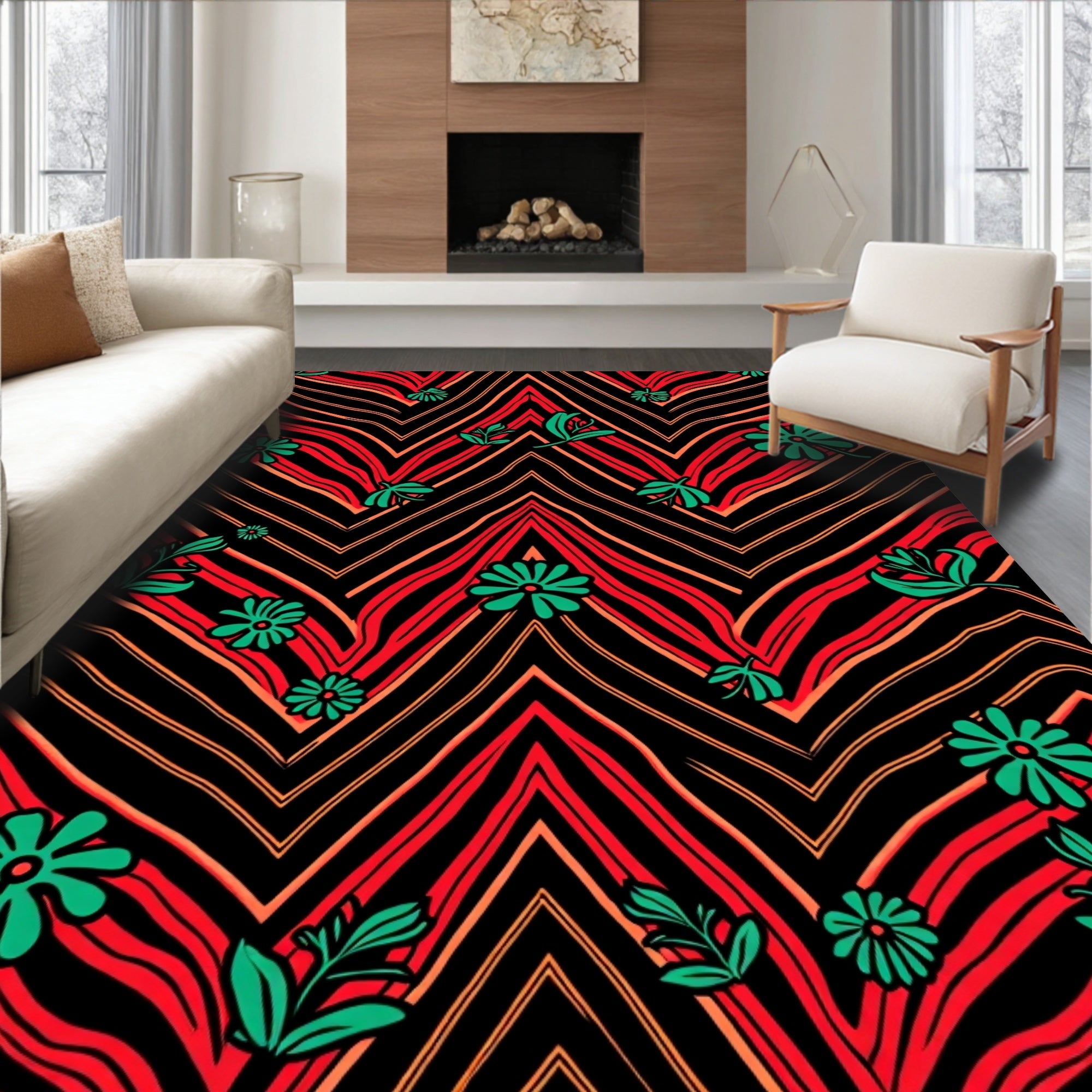 Bold Red Chevron Floral Bloom Rug