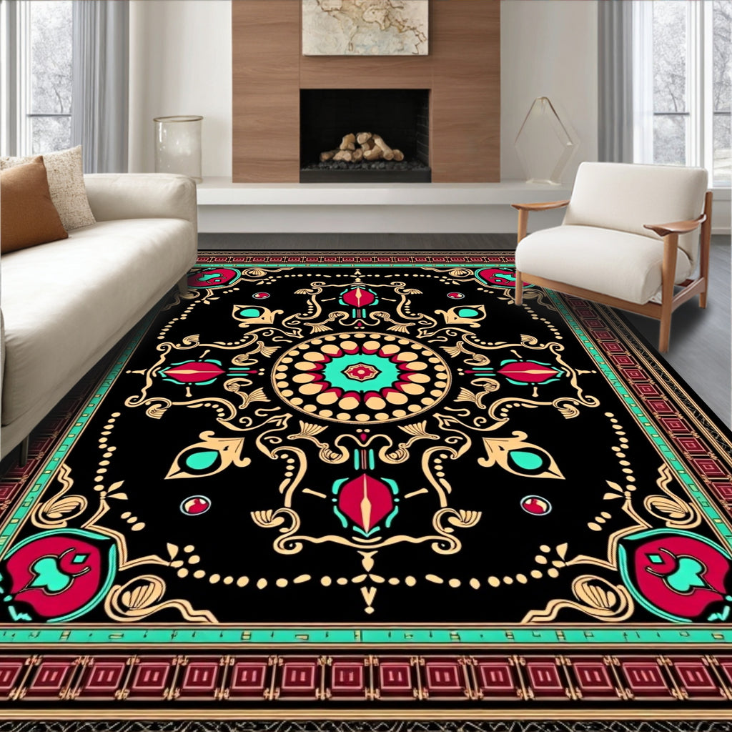 Bold Crimson Teak Scrollwork Medallion Rug