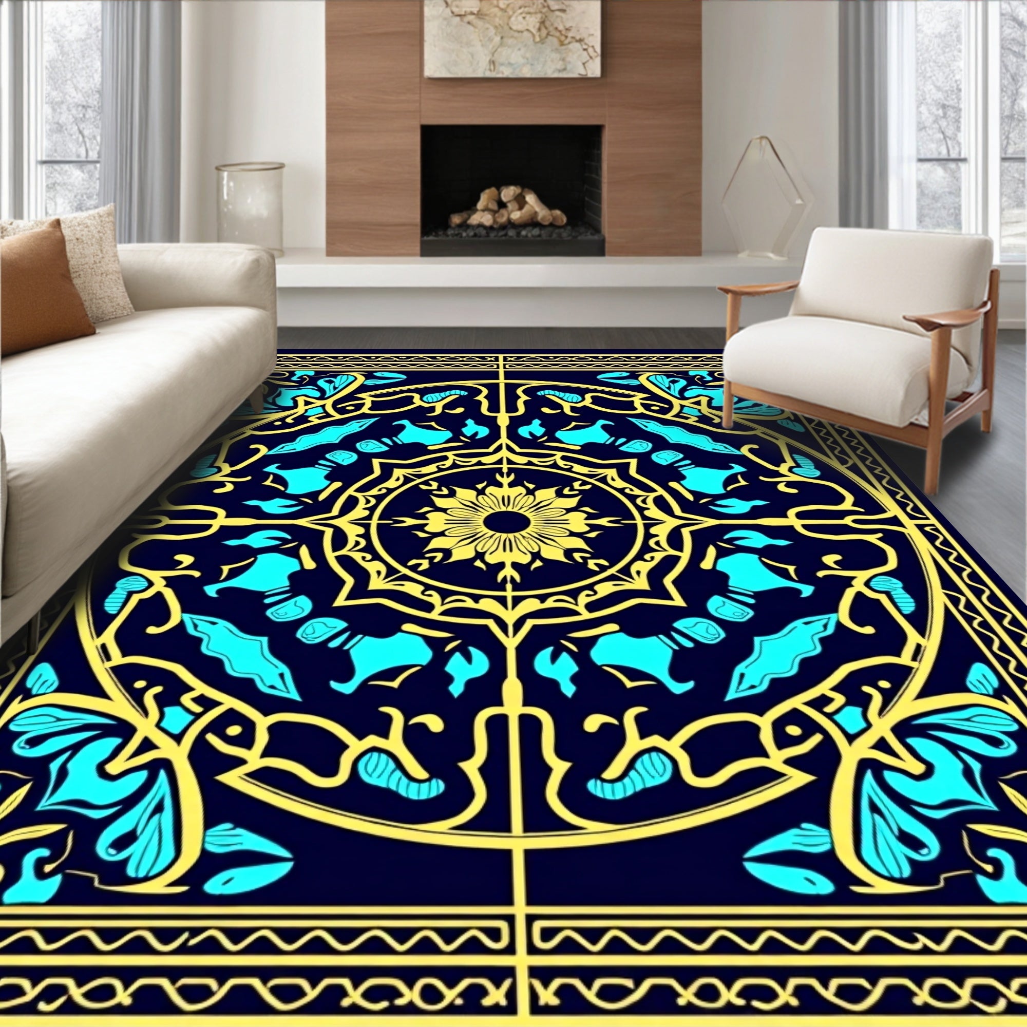 Deep Blue Yellow Floral Medallion Rug