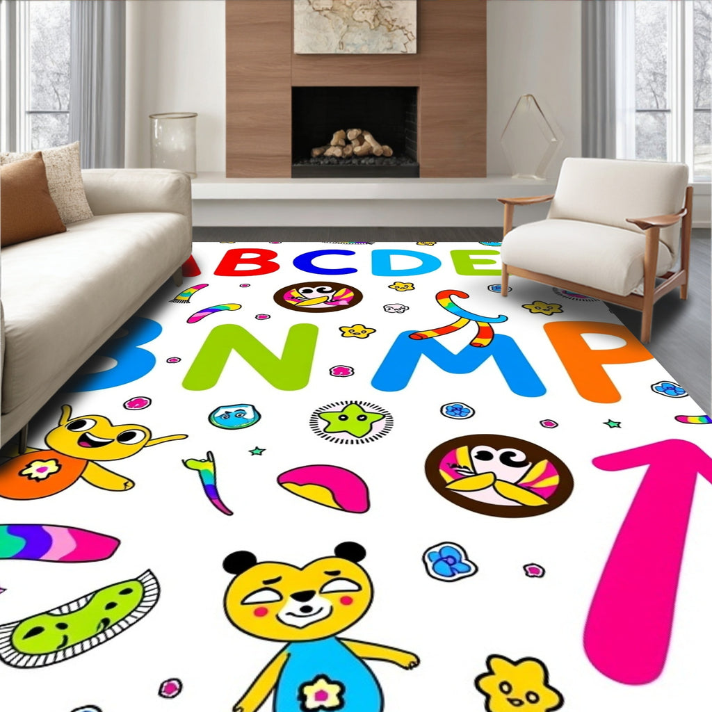 Bold Alphabet and Cute Animal Characters Rug
