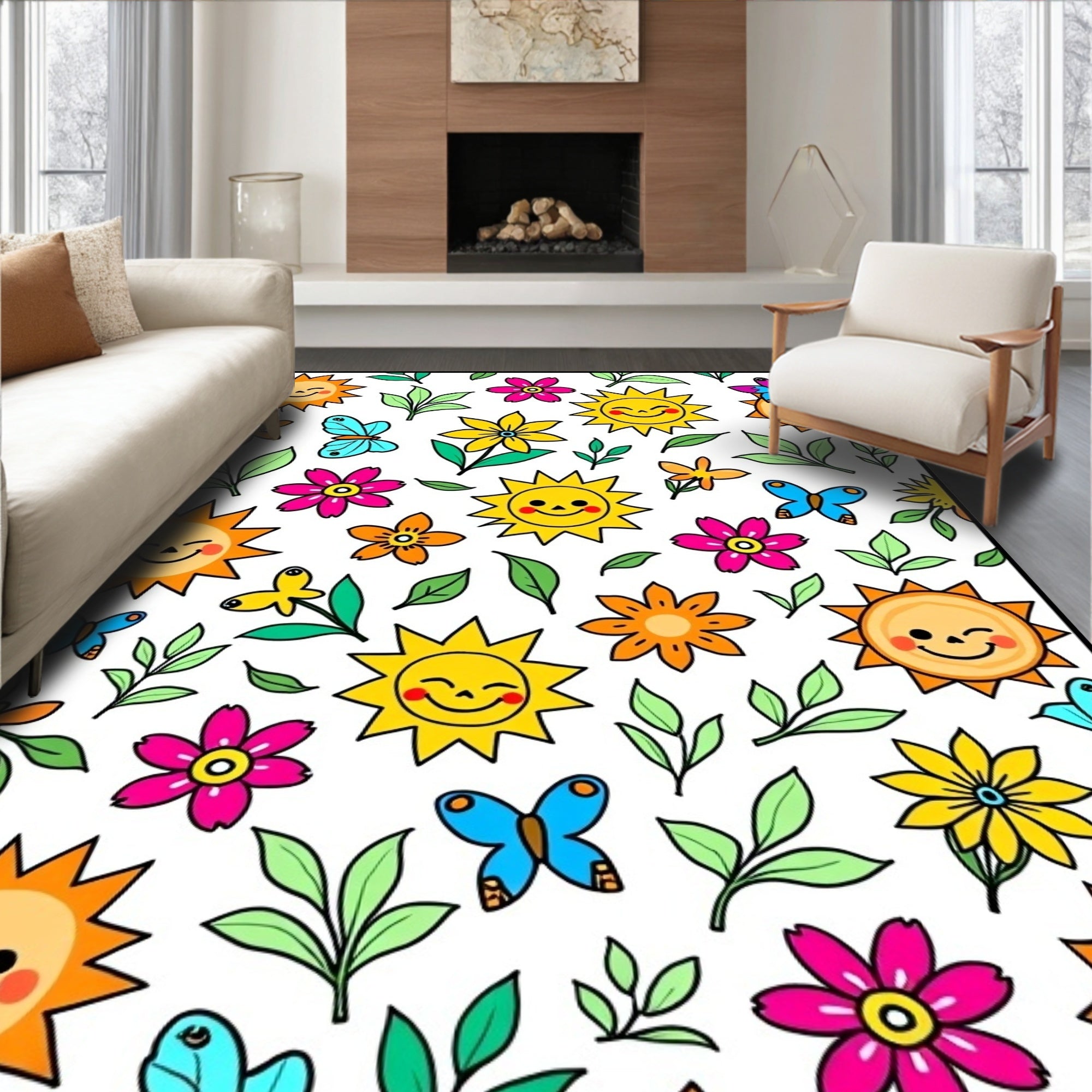 Happy Sunshine Butterfly Floral Garden Rug
