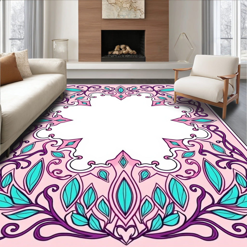Whimsical Purple Teal Floral Frame Rug