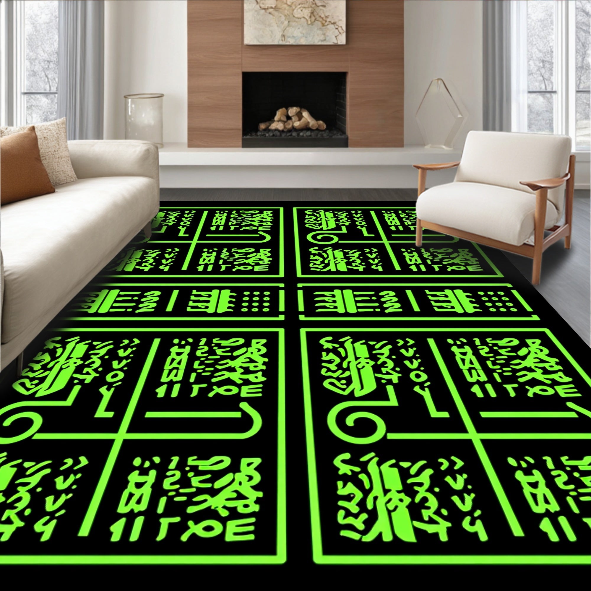 Abstract Neon Green Geometric Squares Rug
