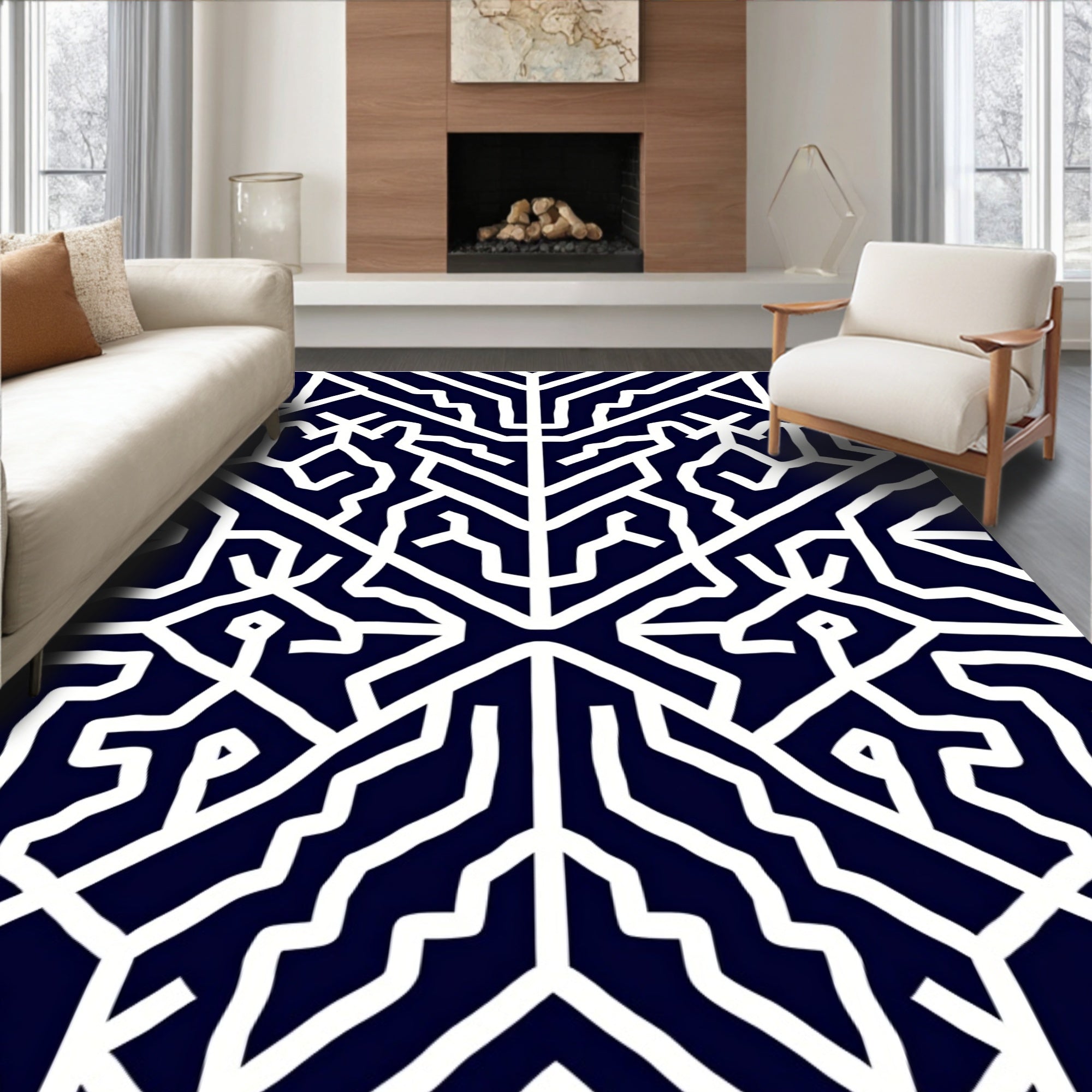 Navy White Labyrinth Animalistic Abstract Rug