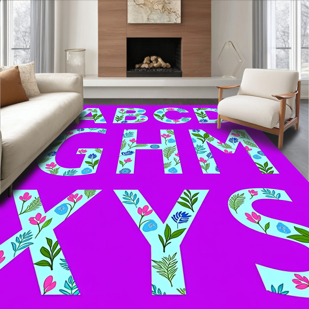 Light Blue Floral Alphabet Carpet Art Rug