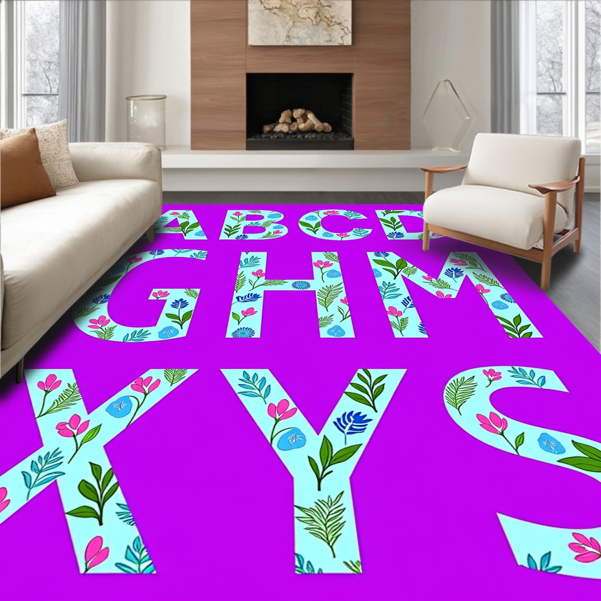 Light Blue Floral Alphabet Carpet Art Rug