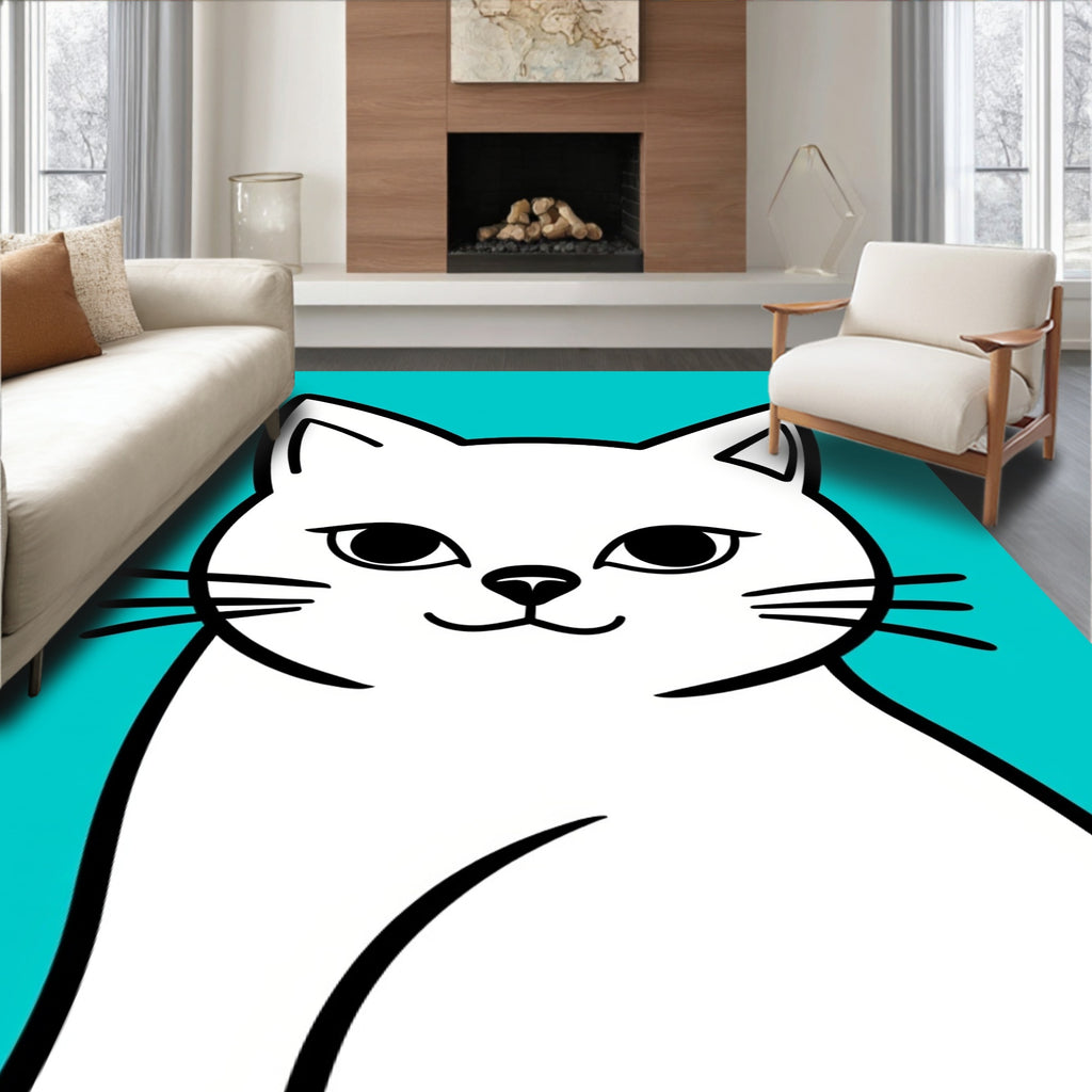 Minimalist White Cat Aqua Background Rug
