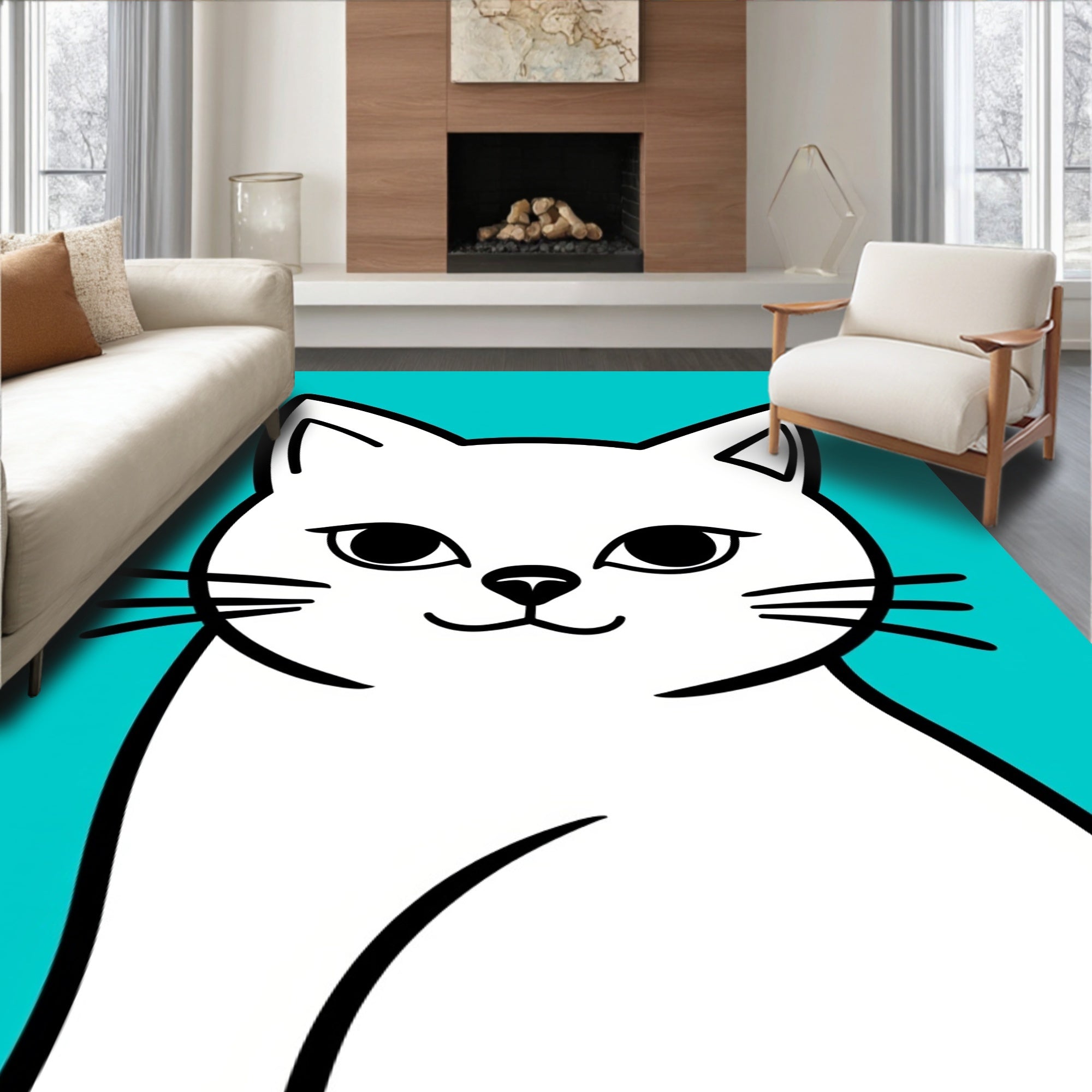 Minimalist White Cat Aqua Background Rug