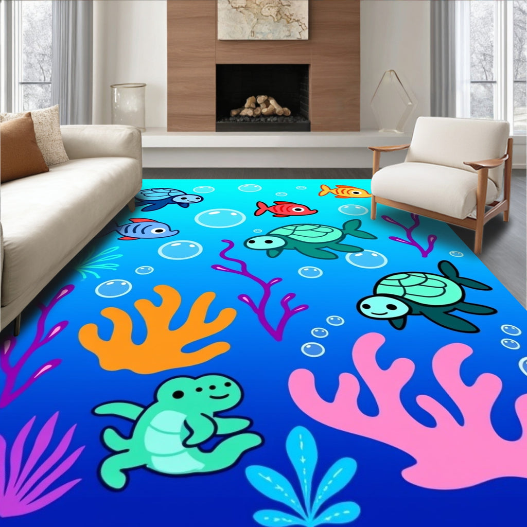Playful underwater turtles and fish scene Rug