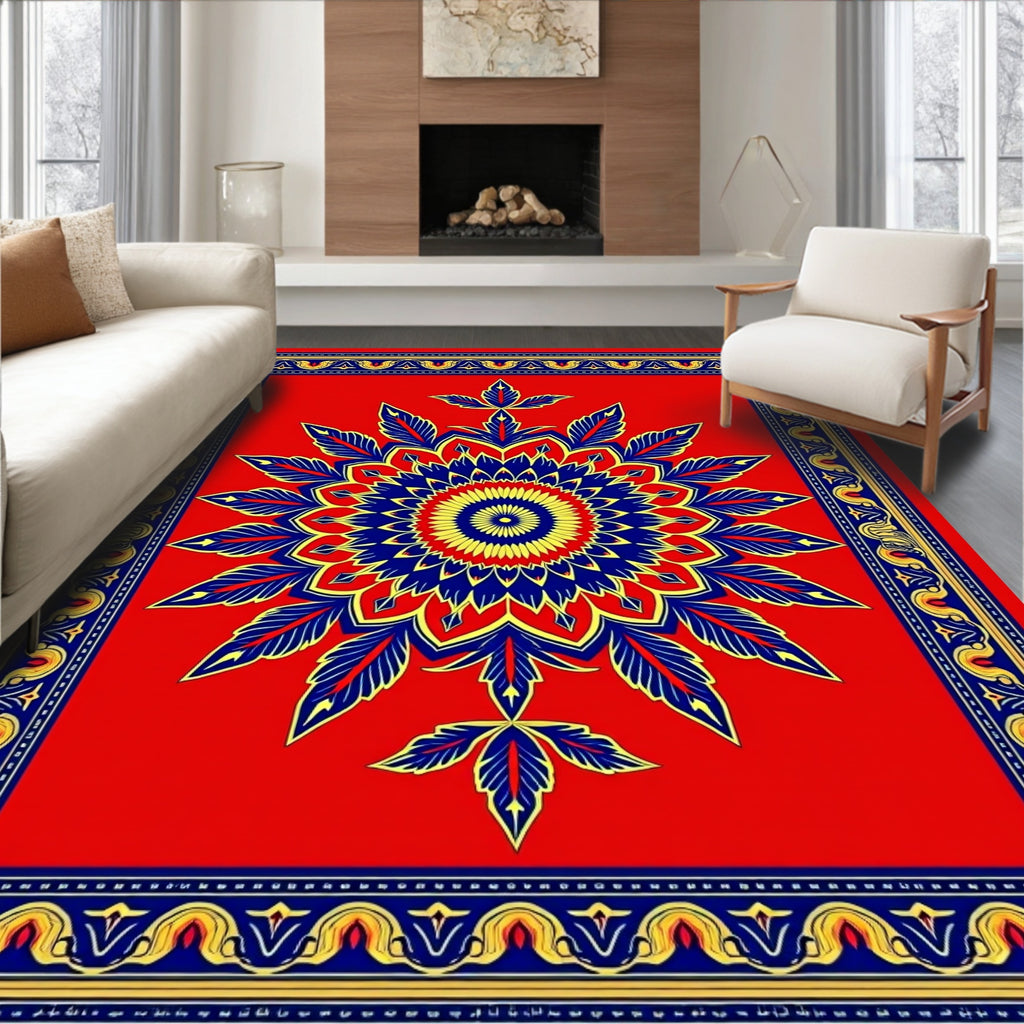 Bold Red and Blue Floral Medallion Rug