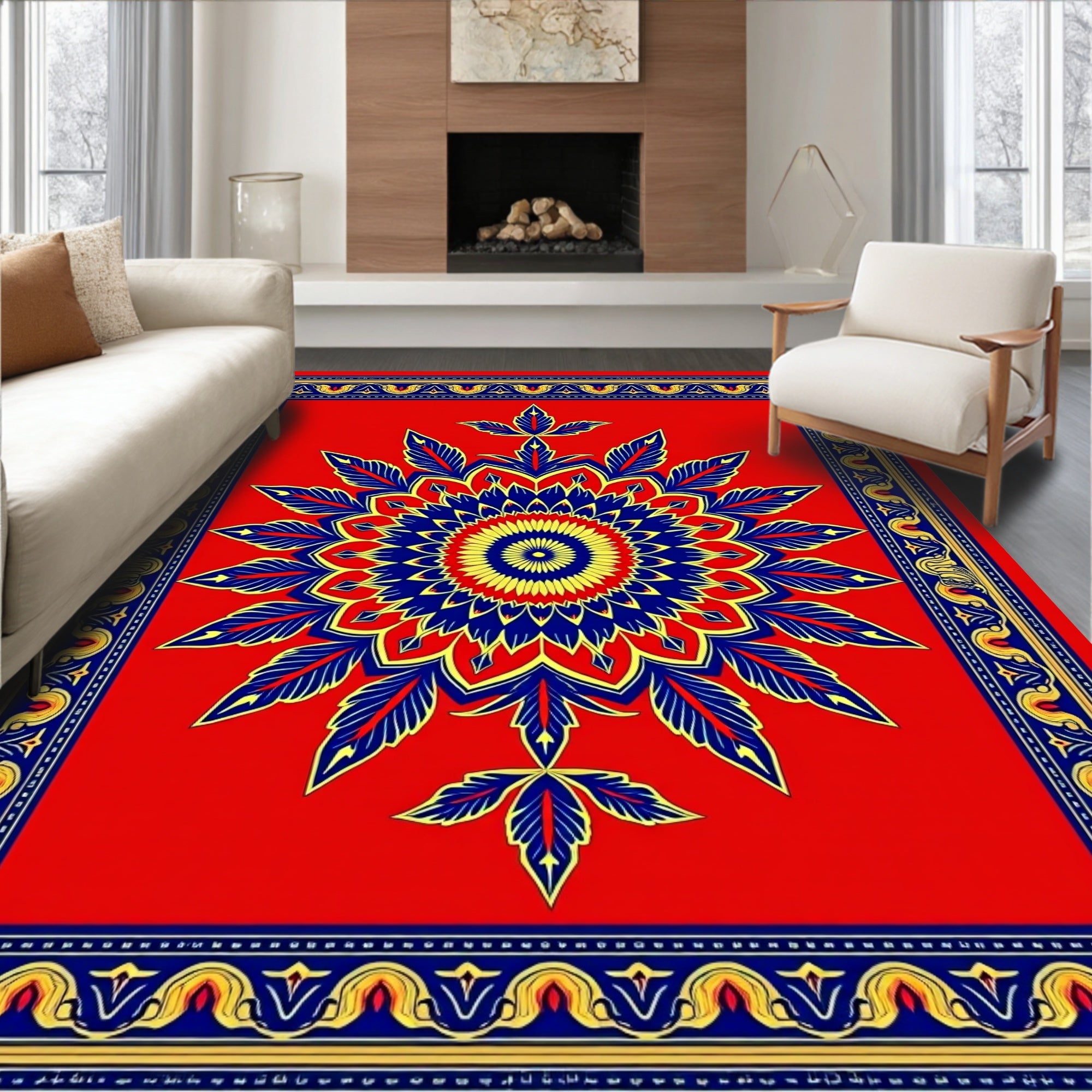 Bold Red and Blue Floral Medallion Rug