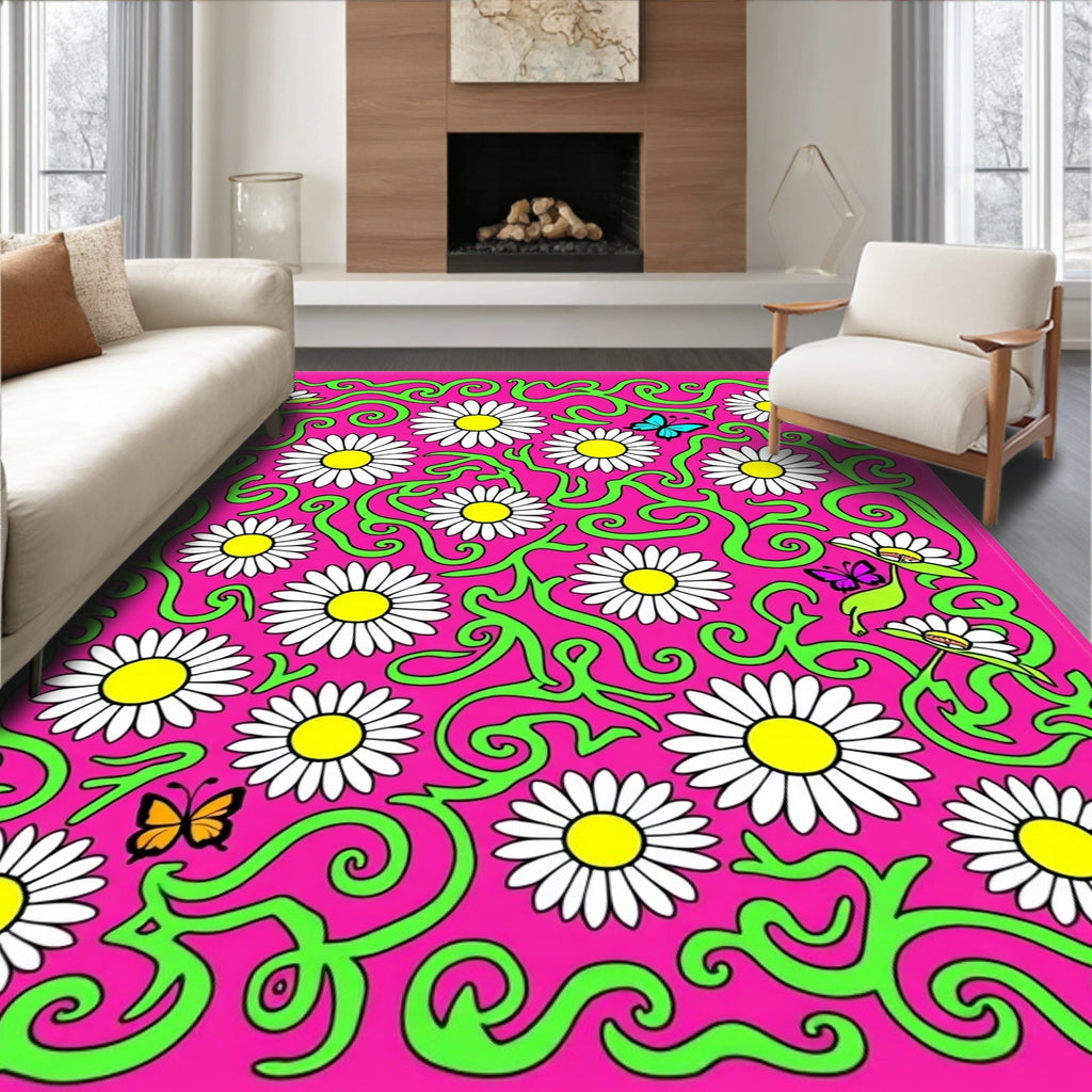 Pink Daisy Garden with Butterflies Rug